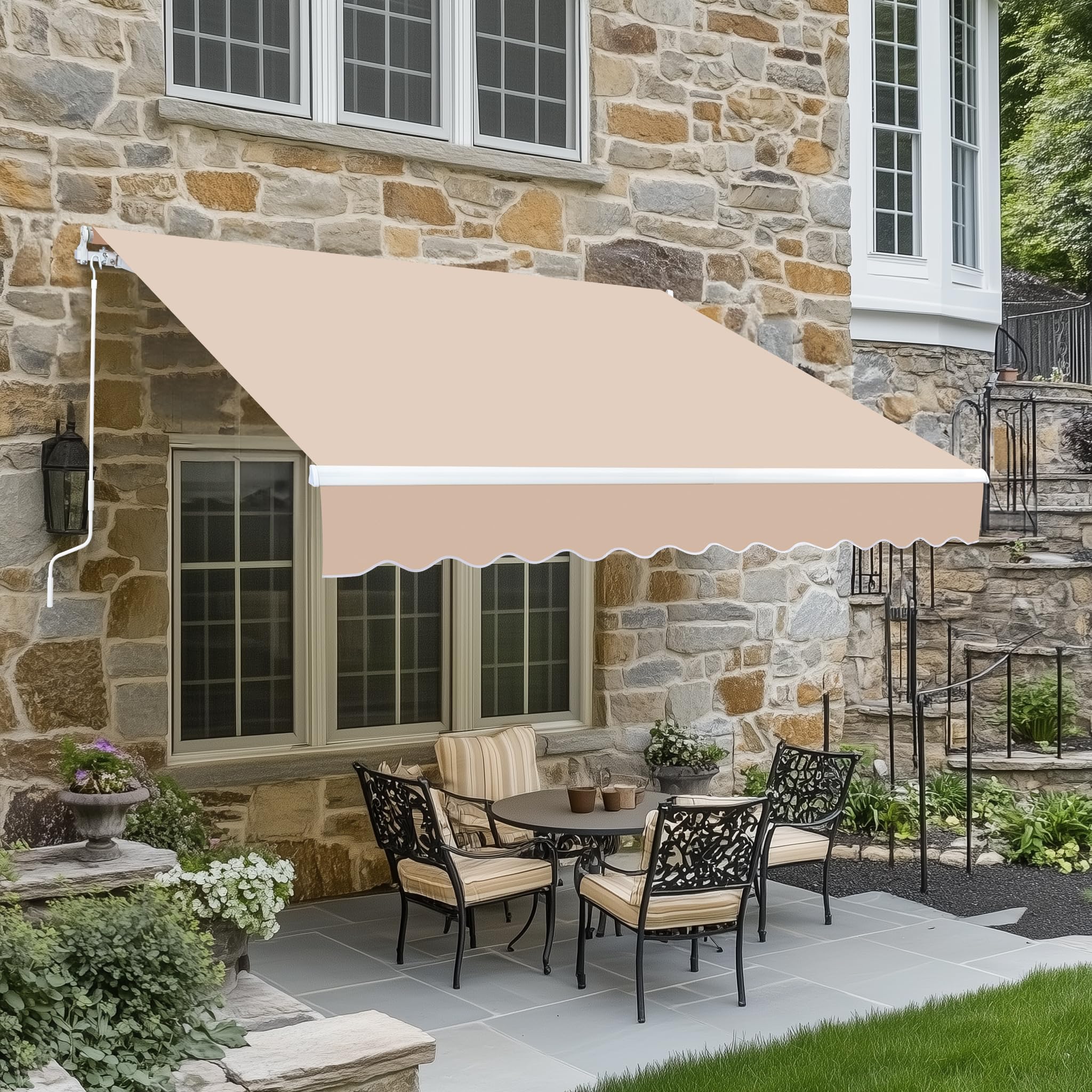 VINGLI 10' x 8' Retractable Awning for Patio Awning Retractable Shades with Manual Crank Handle, Aluminum Frame Outdoor Awning UV Resistant (Beige)