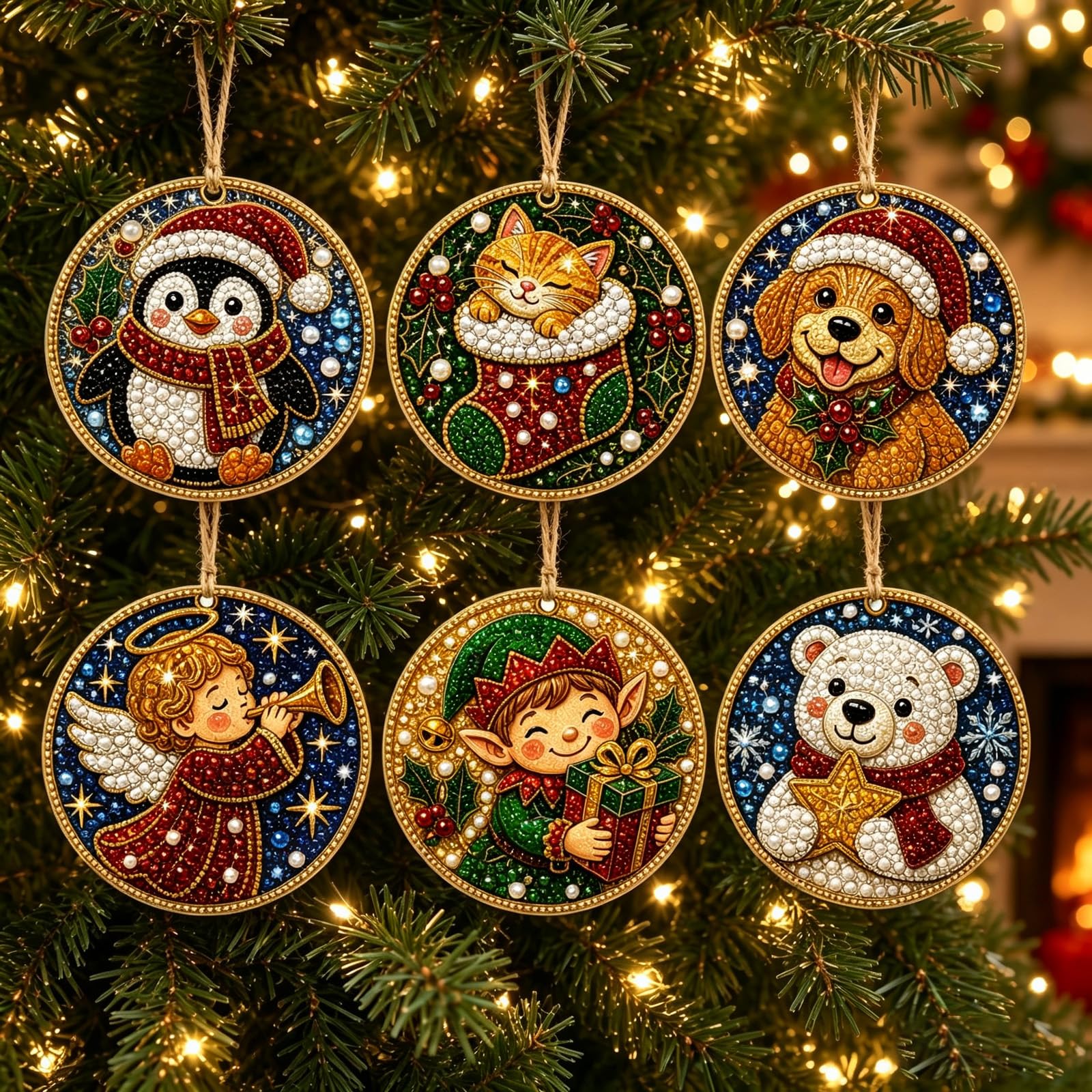 Pearl Art Christmas Ornaments, 6PCS DIY Pearl Diamond Painting Kit，#C-6pcs