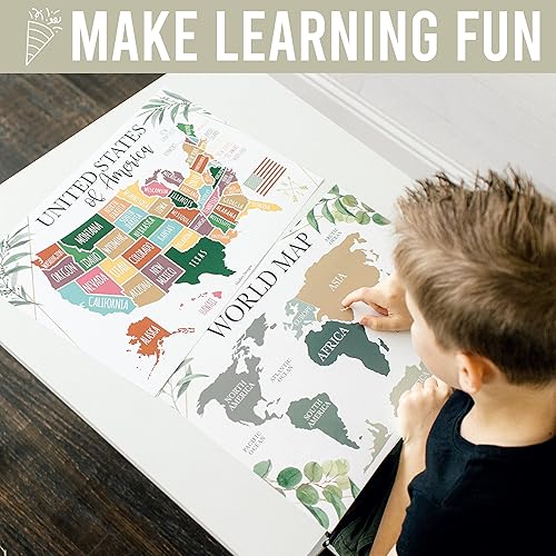 Miniatura 2 de 4 carteles del alfabeto, mapa de Estados Unidos, mapa del mundo y sistema solar, gráficos ABC laminados para decoración de pared de niños pequeños,