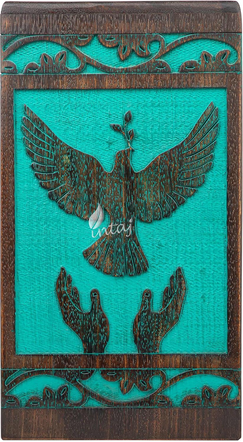 INTAJ Handmade Rosewood Urn for Human Ashes, Peaceful Bird Wooden Urns for Ashes Hand-Crafted, Funeral Cremation Urn, Pet Dog Urns for Ashes (Teal Gree, Medium - 9.5Hx5.5W (180 Cu/in))