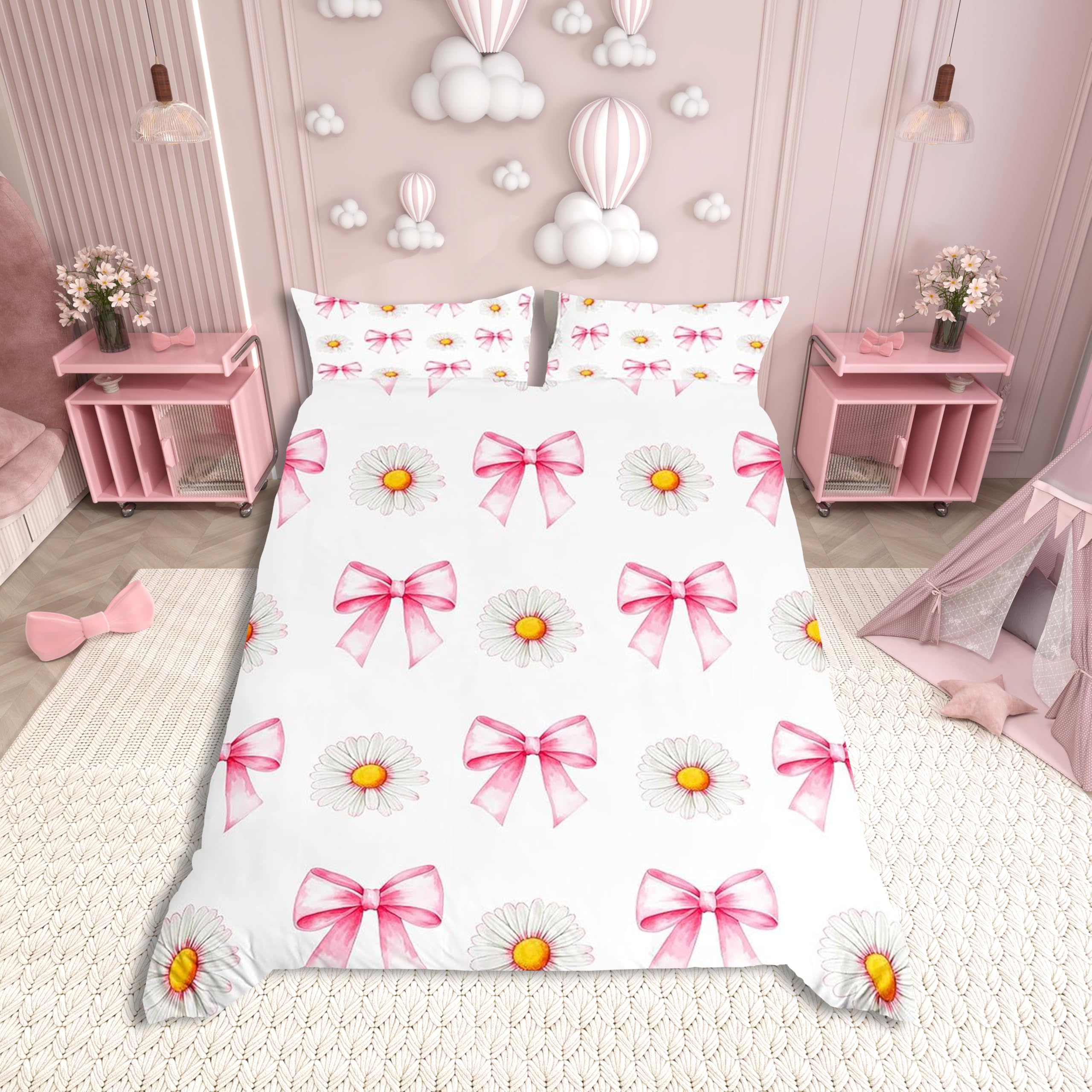 Pink Bowknot Kids Duvet Cover Set Single Size,Daisy Flowers Bow Tie Knot Princess Bedding Set,Girls Women Room Decor,Plant Floral Bows Romantic Boho Chic Quilt Cover,1 Pillowcase(No Comforter) — image 1