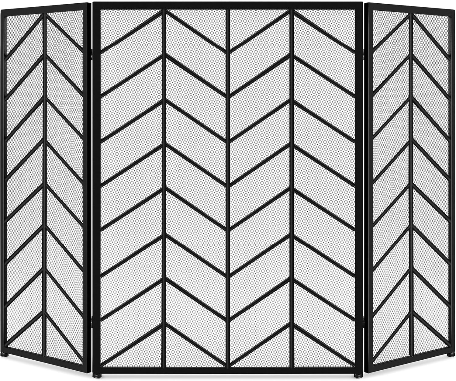 Best Choice Products 52x31in 3 Panel Chevron Fireplace Screen, Mid Century Modern Wrought Iron Hand Crafted Fire Place Guard for Living Room Home Decor, Steel Mesh - Black