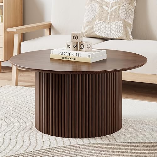 Miniatura 7 de Mesa de centro redonda de 31.5 pulgadas, mesa de centro moderna acanalada de acento con marco de metal, mesas de centro circulares de madera para
