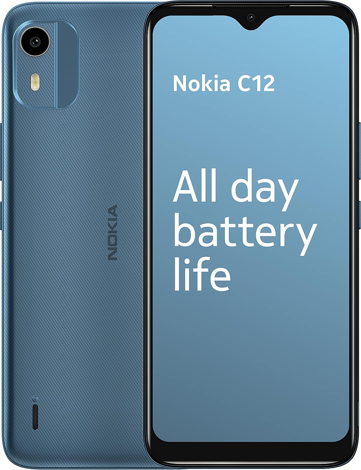Nokia C12 6.3” HD+ Dual SIM Smartphone, Android 12 (Go edition), Octa-core 2GB RAM/64GB ROM, 8MP Rear /5MP Front Cameras, Night & Portrait modes, IP52 Rating, 3000mAh Battery – Cyan