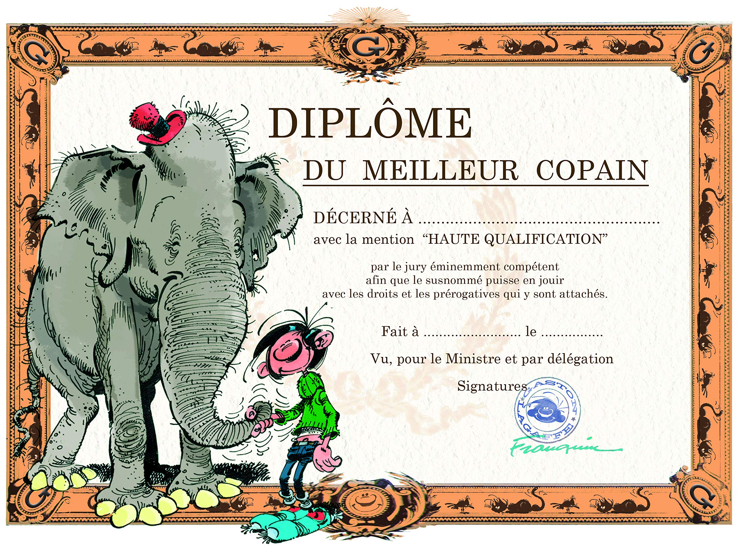 Carte Gaston Lagaffe avec Enveloppe Diplôme du Meilleur Copain