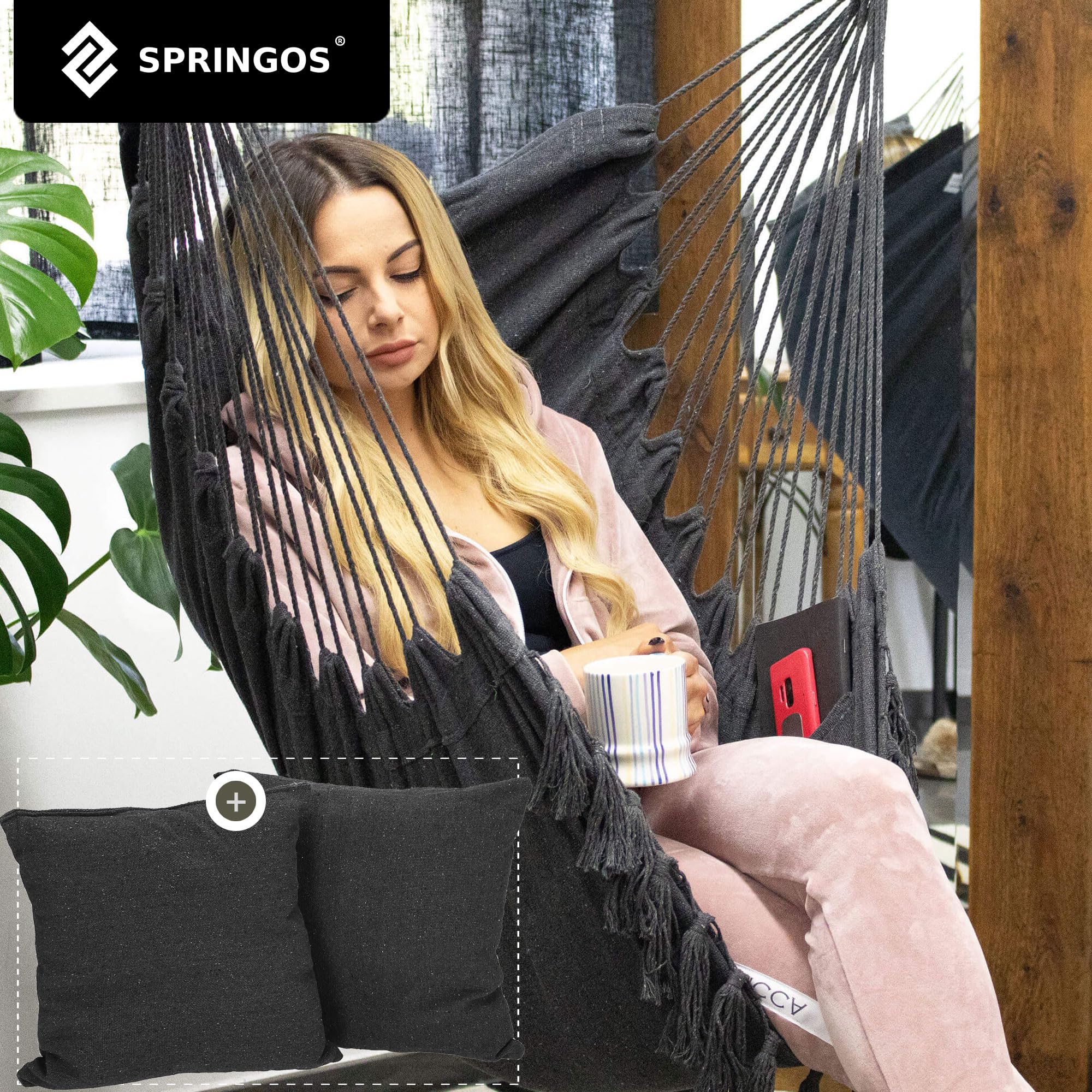 Springos® Fauteuil Suspendu Brésilien avec Coussins, Charge Max 150 kg, Fauteuil balançoire Boho en Coton/Polyester avec Cadre en Bois, Gris foncé, Poche latérale, Parfait pour Jardin