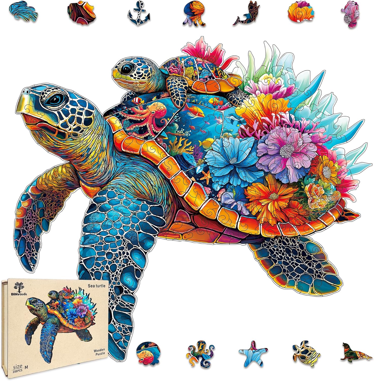 Wooden Puzzles for Adults, Sea Turtle Wooden Jigsaw Puzzles 200 Pieces, Unique Animal Shaped Wood Puzzle for Adults and Kids, Family Game, Medium, 11.1'' x 10'' Turtles