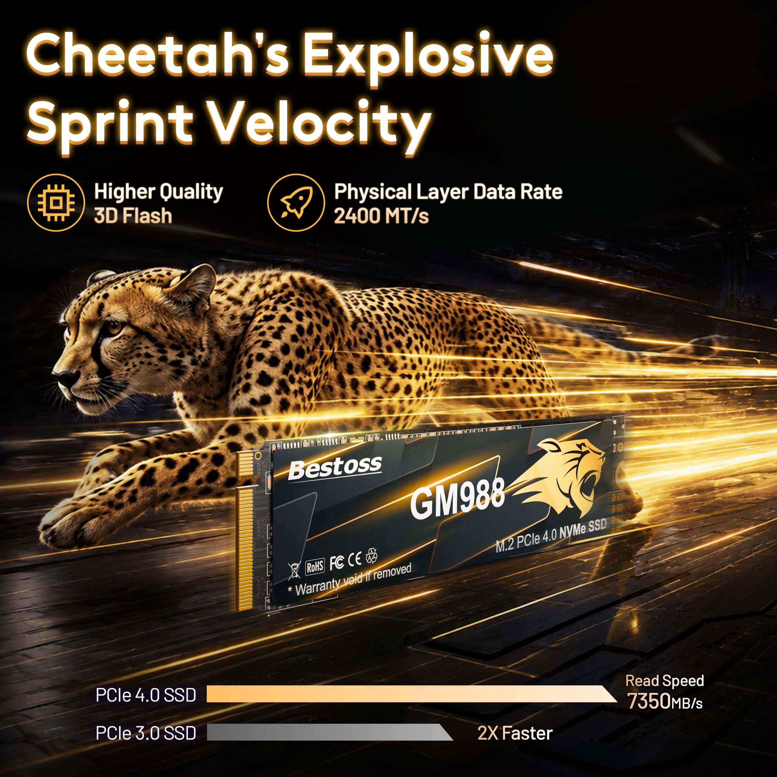 Bestoss M.2 2280 NVMe SSD 4TB PCIe interno Gen4, fino a 7350 MB/s, cache SLC e HMB, PS5/PC/laptop, su misura per giocatori, editor video, creatori di fascia alta e sviluppatori di intelligenza