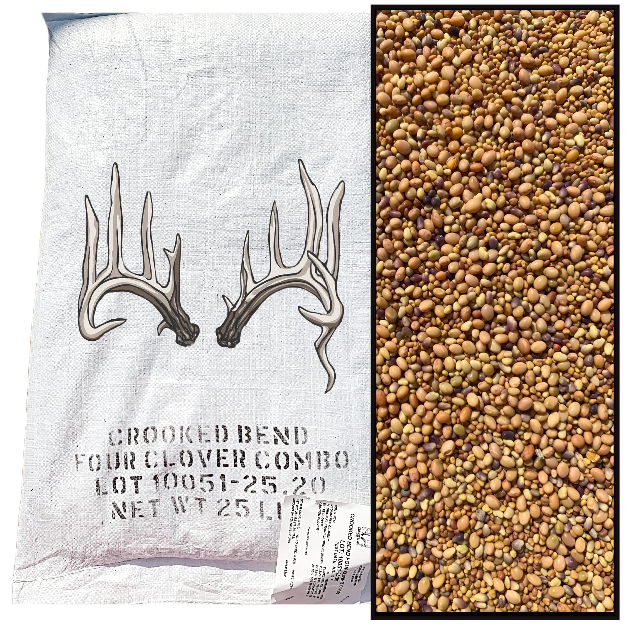 Four Clover Combo Blend, 25LB Bulk, Perennial Food Plot Seed, Pheasant, Duck, Dove, Wildlife, Rabbit, Elk, & Wild Turkey Attractant, Grow Ground Cover & Whitetail Deer Hunting Food Plots