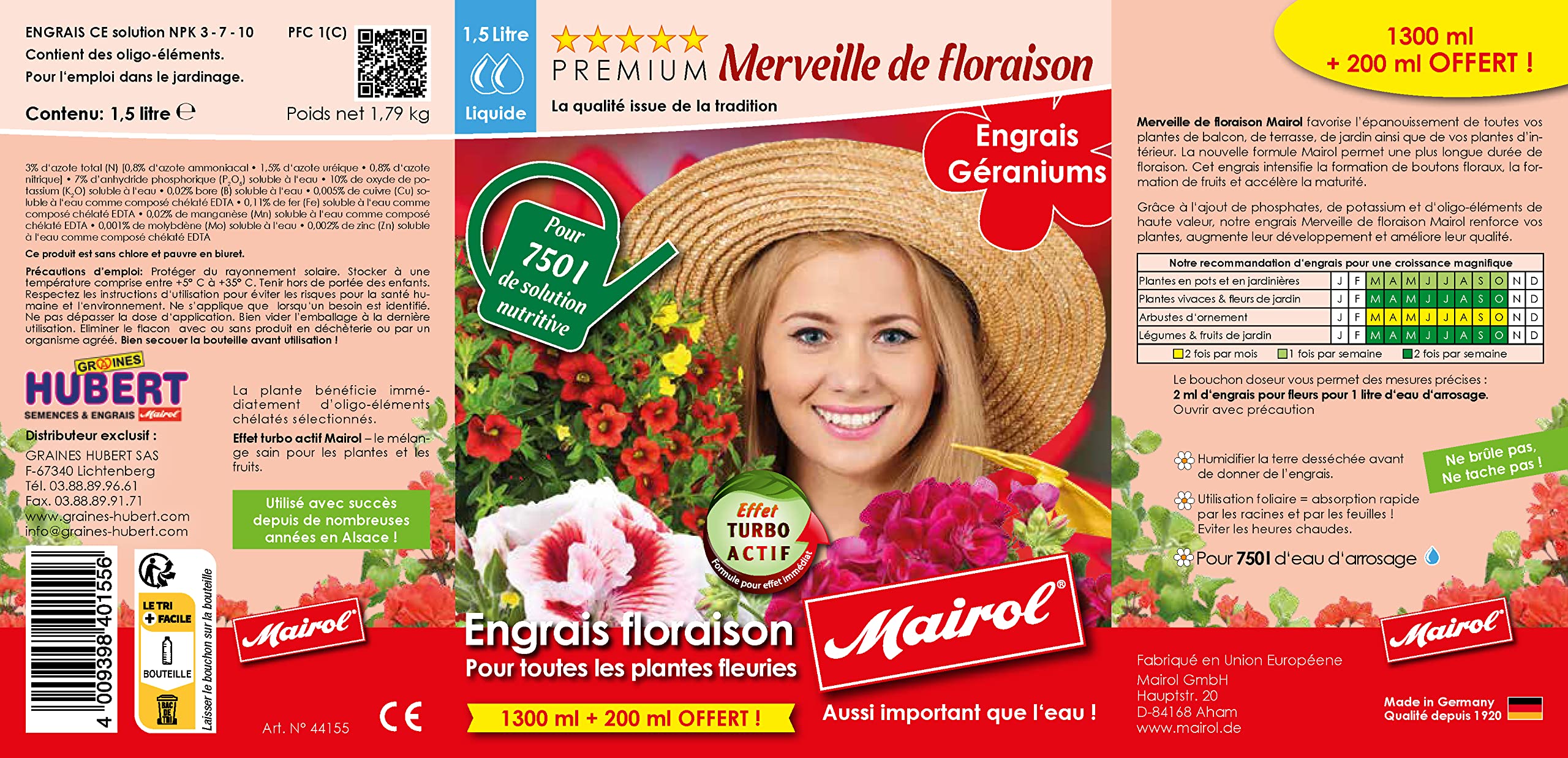 Engrais Merveille de Floraison Mairol Pour Géranium et Plantes Fleuries - 1500 ml Pour 750L d'eau d'arrosage