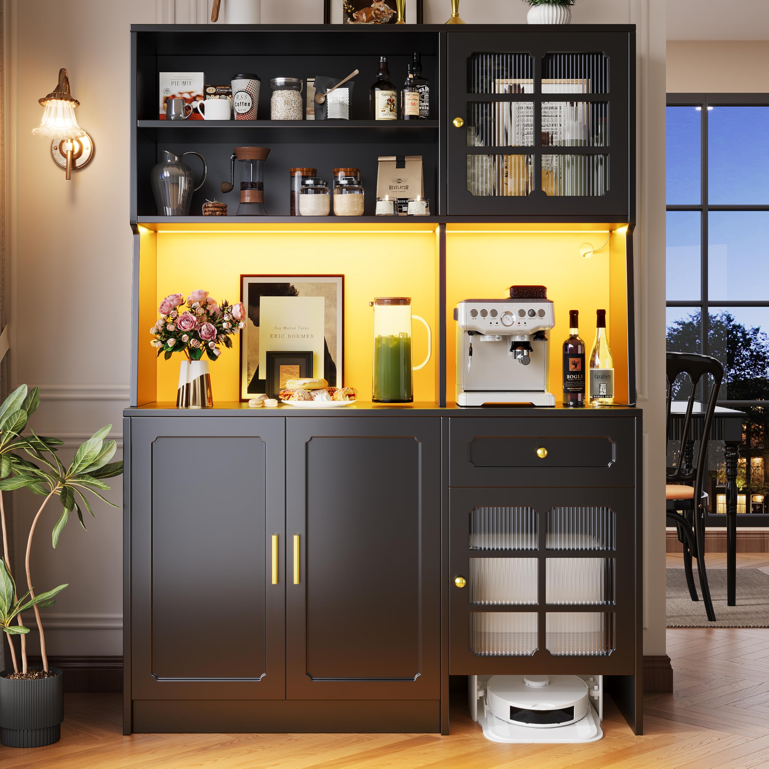 Kebnor Mobile alto da cucina, credenza, armadio da cucina con ante in vetro e illuminazione a LED, nero (130 x 45 x 180 cm)