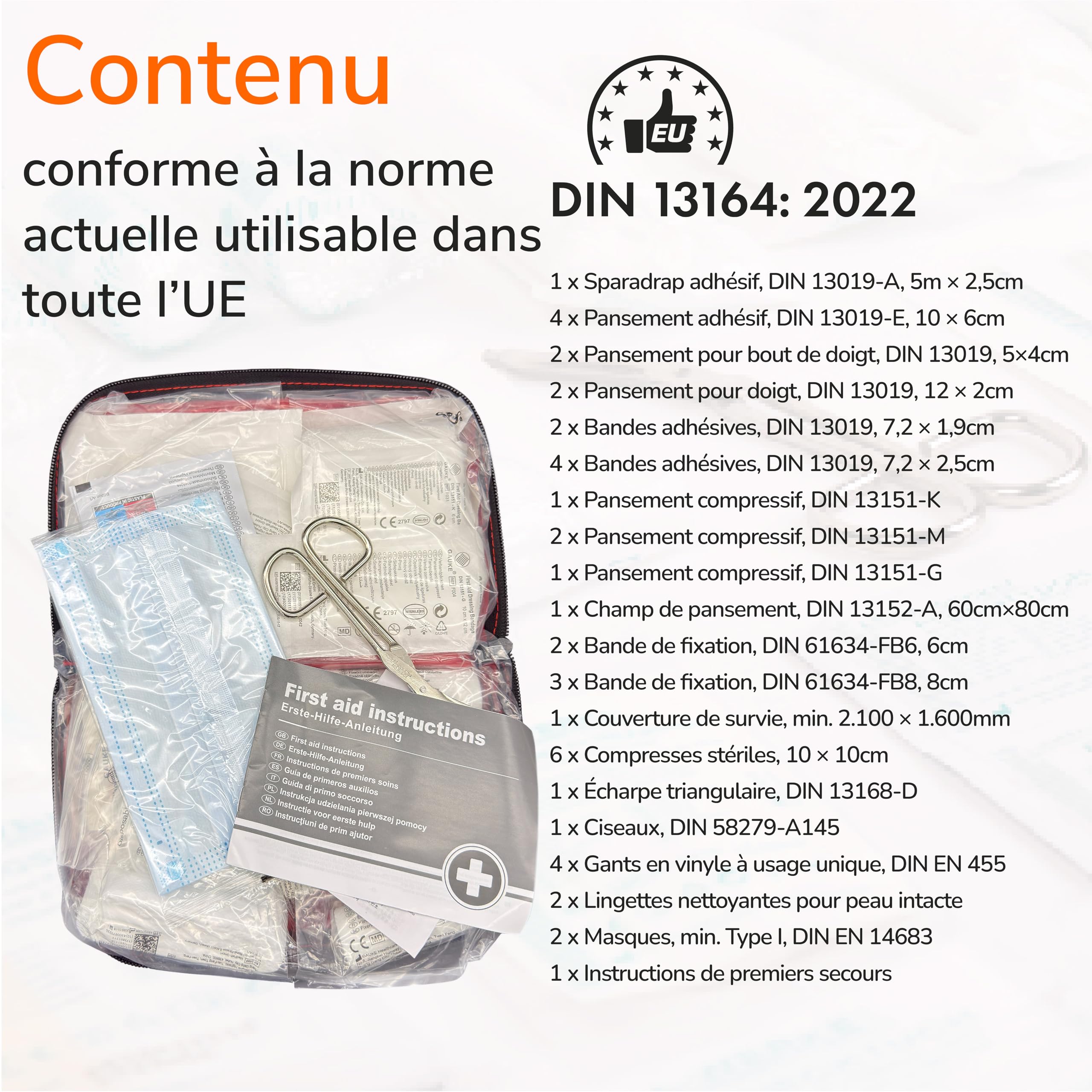 Upgrade4cars Trousse de Secours Auto 2026 DIN 13164 Kit Valable dans Toute l'Europe | Sac de Pansements également pour la Maison & en Déplacement