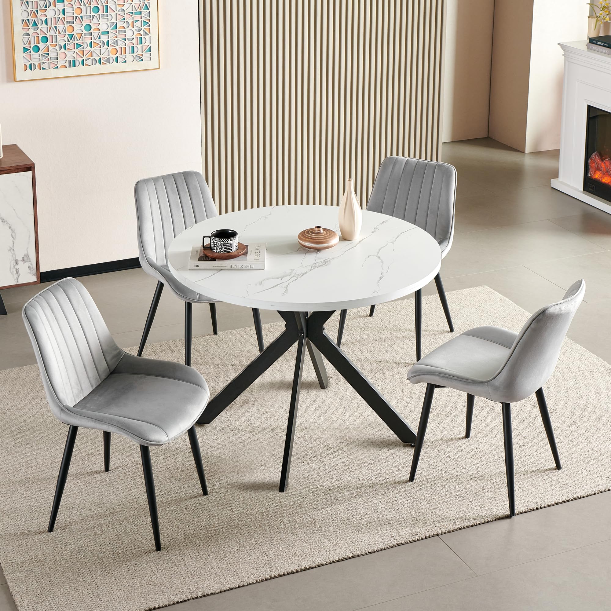 Table à Manger Ronde 100cm,Table de Cuisine en Bois Blanc Aspect Marbre,Salle à Manger,Cuisine,Ronde Bois,Plateau MDF Épaissi 3cm, pour 4-6 Personnes,100x100x75cm,Blanc