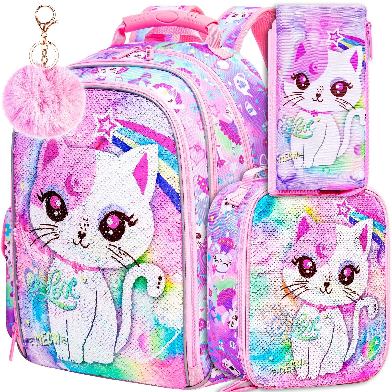 KLFVB 3PCS Cat Uni Dinosaur Backpack for Girls and Boys, 16" Kids Bookbag and Lunch Box, Preschool Backpacks for Elementary