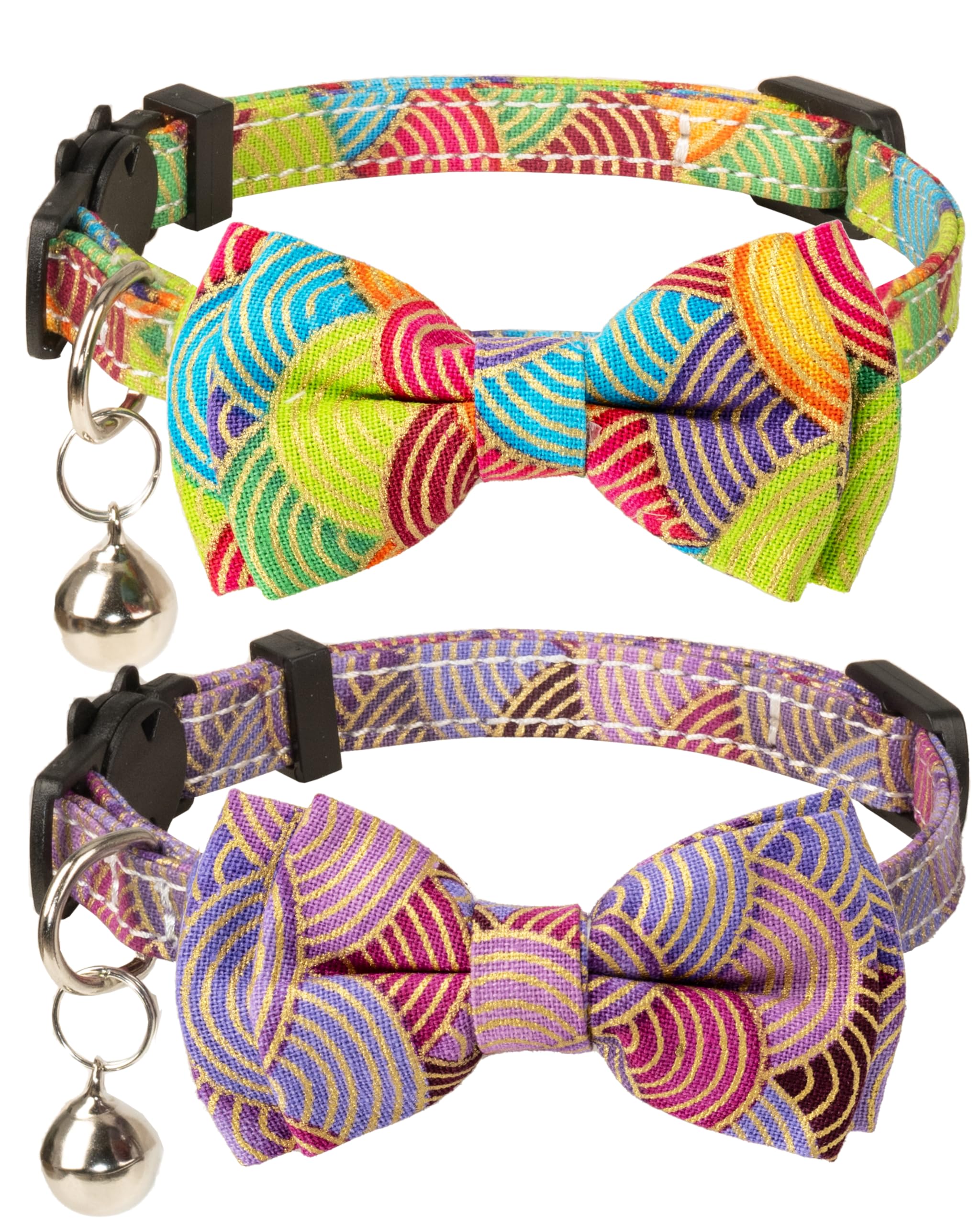 Collar para gatos y mascotas Breakaway con campana, moño floral, desmontable, ajustable, seguridad, cachorro, 2 unidades, color verde y morado