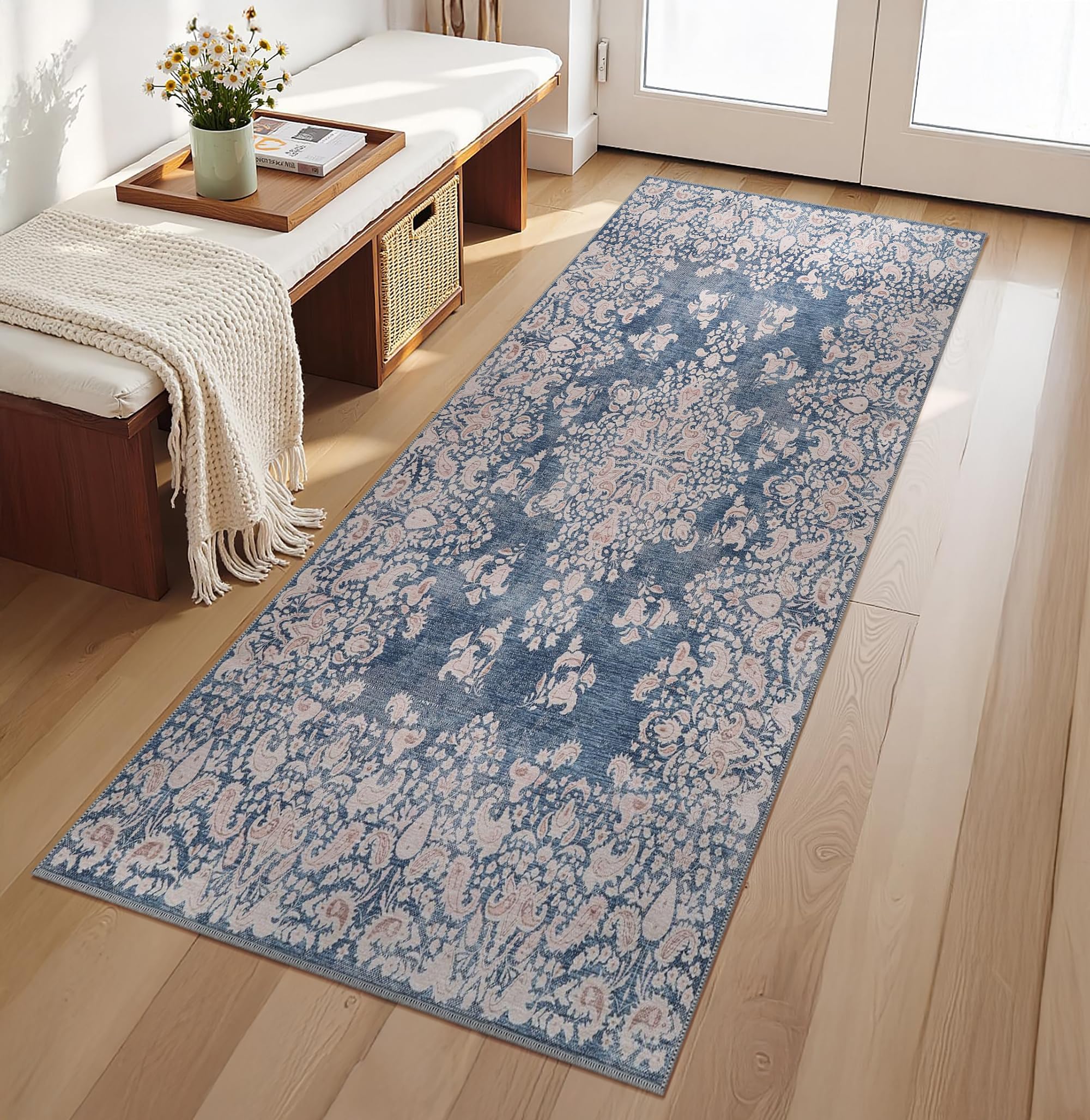 RUGS DEPOT Machine Washable Area Rug for Living Room 80x150 cm – 4 mm Thin Vintage Chenille Carpet with Non-Slip Cotton Backing | Soft Low-Pile Washable Rug for Bedroom & Hallway