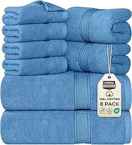Utopia Towels 8 Piece Premium Towel Set, 2 Bath, 2 Hand, and 4 Wash Cloths, 600 GSM 100% Ring Spun Cotton, Highly Absorbent Towels for Bathroom, Gym, Hotel, and Spa, Electric Blue
