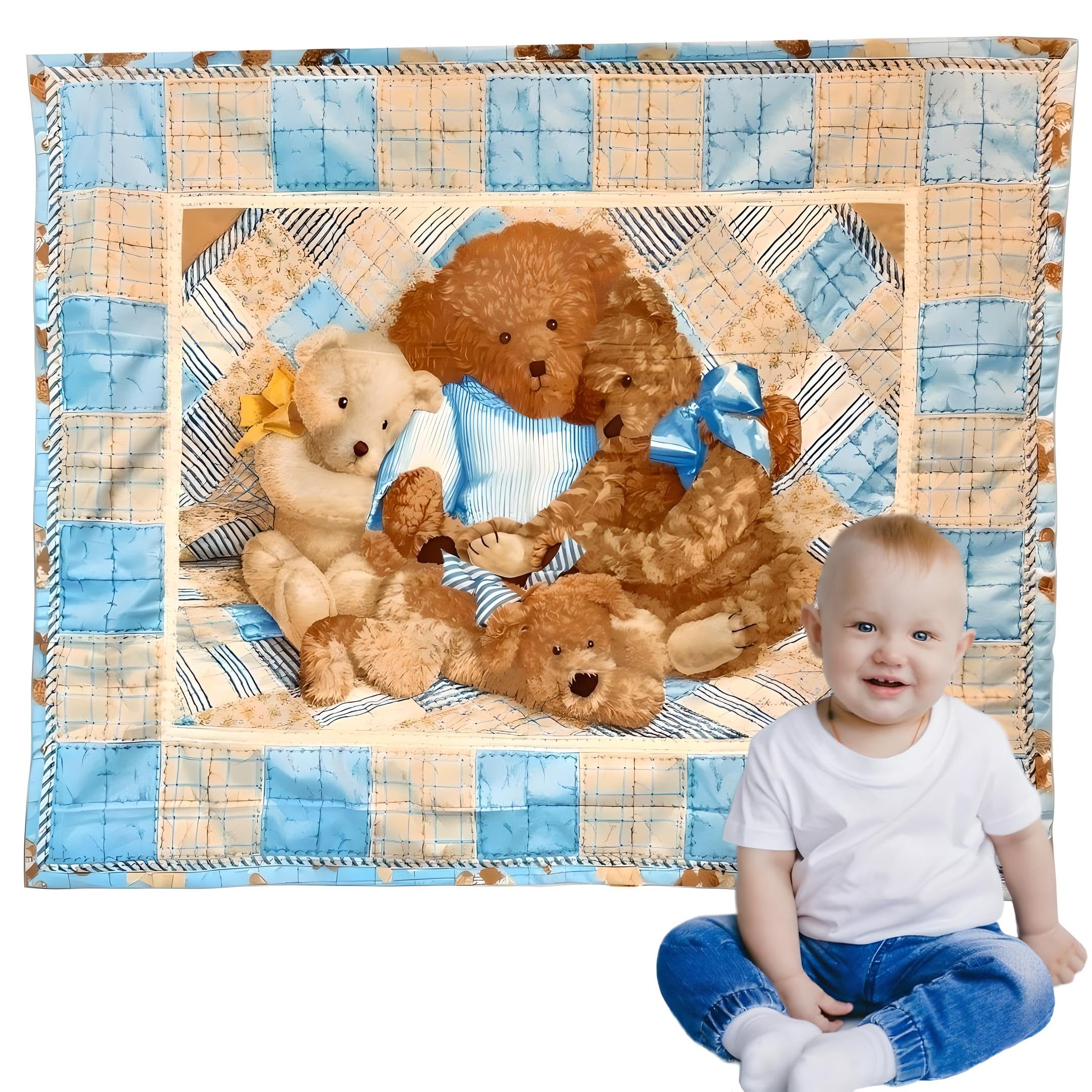 Baby Teddy Bear Blanket Quilt Comforter, 100% Cotton Nursery Bedding, Reversible Light Weight Fleece Lining Inside, Baby Handmade Quilt, Gift for Baby Shower or Baby Valentine Gift, Made in USA