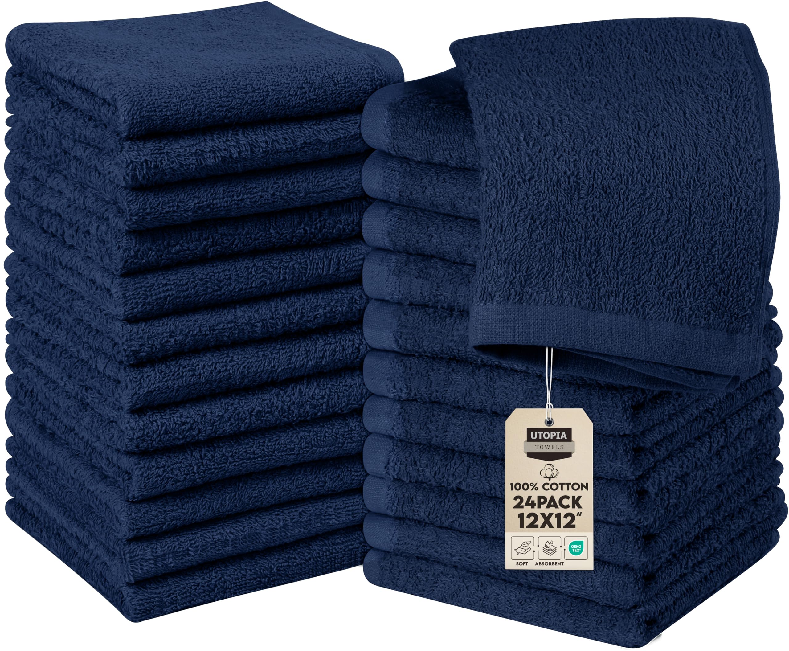 Utopia Towels 24 Pack Cotton Washcloths Set - 100% Ring Spun Cotton, Premium Quality Flannel Face Cloths, Highly Absorbent and Soft Feel Fingertip Towels (Navy)