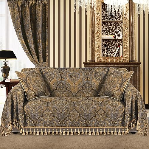 Miniatura 2 de Loom and Mill Funda de sofá jacquard de lujo, funda clásica antigua con borlas para sofá de 2 a 3 cojines, funda de sofá modular para perros, bronce