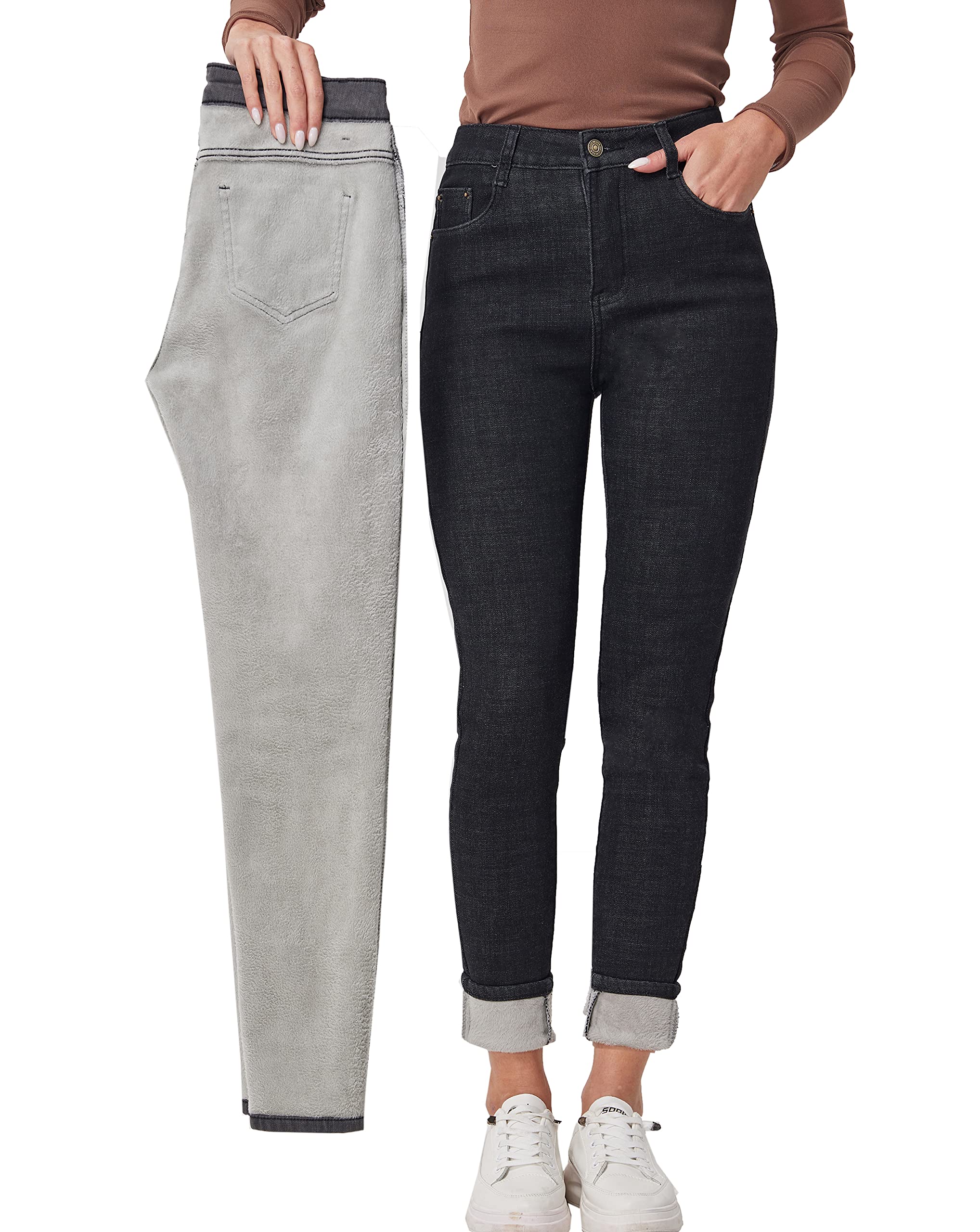 Fakanhui Jeans da donna foderati in pile, invernali, foderati in flanella, jeans termici