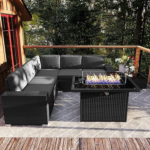 7 Pieces Patio Furniture Set with 44" Propane Gas Fire Pit Table, Outdoor Sectional Wicker Conversation Sofa Sets with Coffee Table