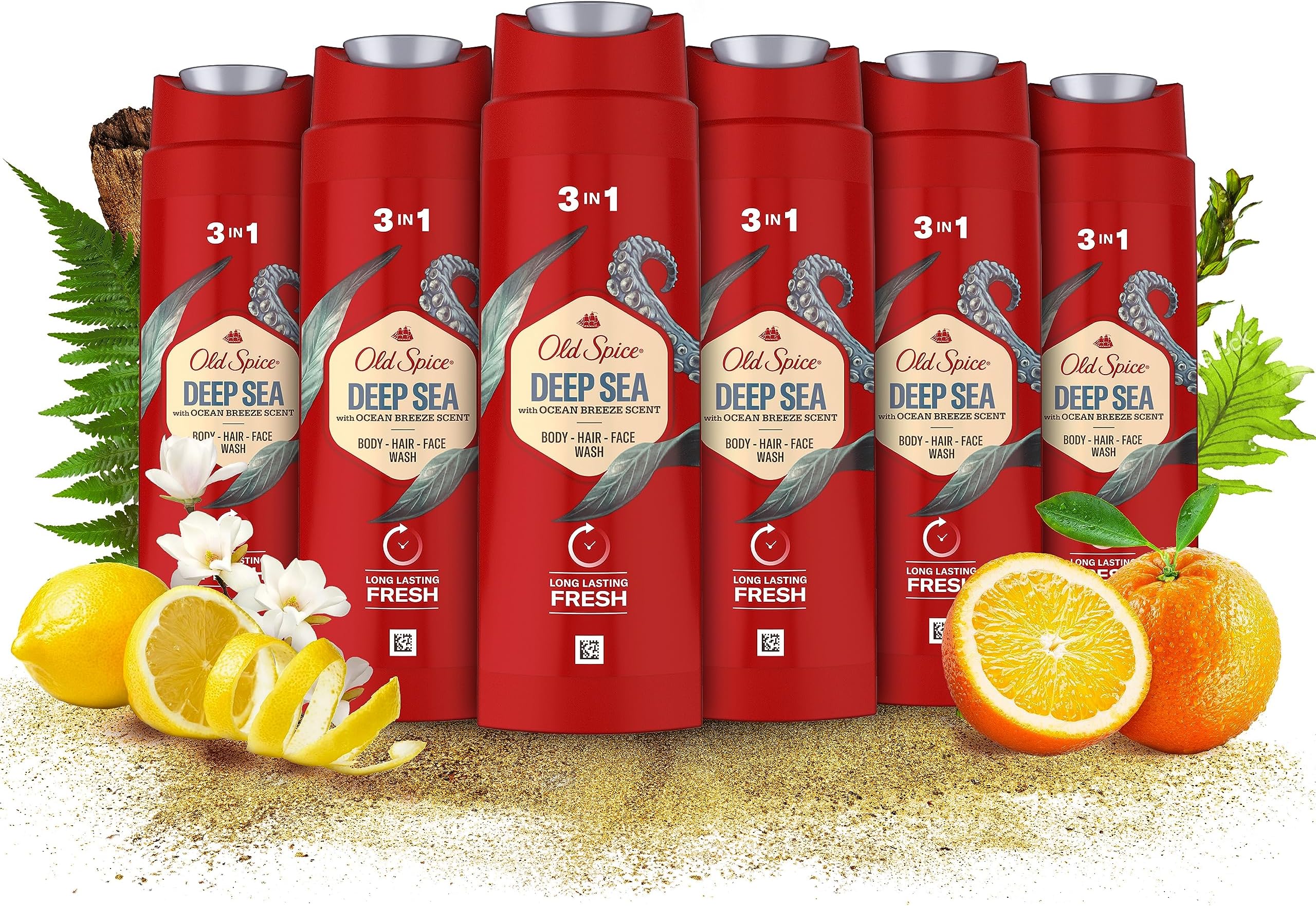 Deep Sea Menโs Shower Gel & Shampoo 250ml Multi-Use 3-in-1 Hair-Face-Body Wash, Long Lasting Fresh, Perfume Quality Scent, Pack of 6