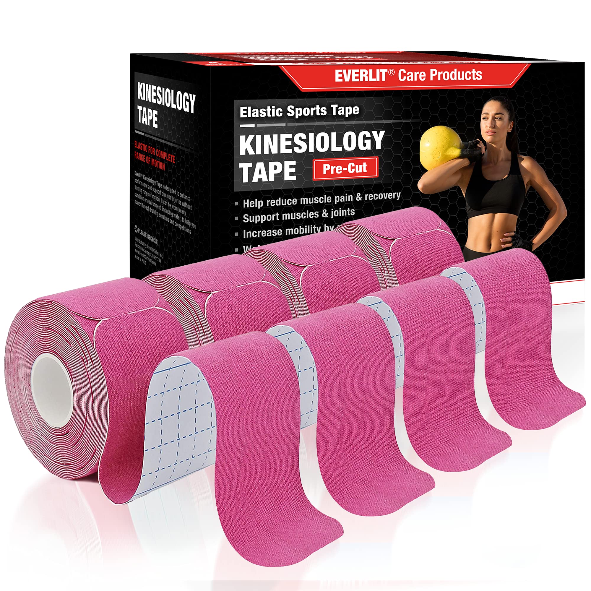EVERLIT[4-Pack] Pre-Cut Elastic Cotton Kinesiology Therapeutic Athletic Sports Tape, for Pain Relief and Support, 80 Precut 10” Strips (Pink)