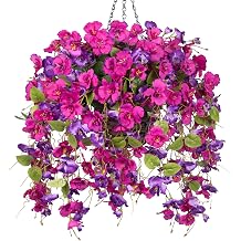 Artificial Fake Hanging Hibiscus Flowers Plants Baskets for Outdoor Outside Spring Summer Decoration, Faux Silk Hibiscus Long Vines in Planter UV Resistant Realistic Flowers PurpleDarkPurple