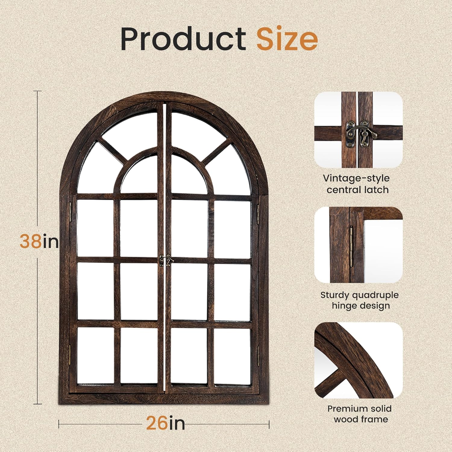 arched wall mirror with window pane design 38 x 26 inch rustic farmhouse wood decorative mirror for living room bedroom entryway natural-arched 38"l x 26"w