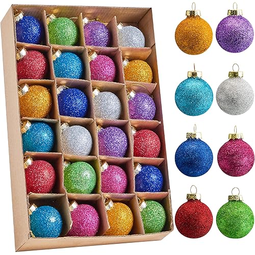Joiedomi 24 Pcs Mini Christmas Glitter Glass Ball Ornaments, 1.4” Multicolor Xmas Hanging Ball Ornaments for Small Christmas Tree Decoration, Holiday Party Decor