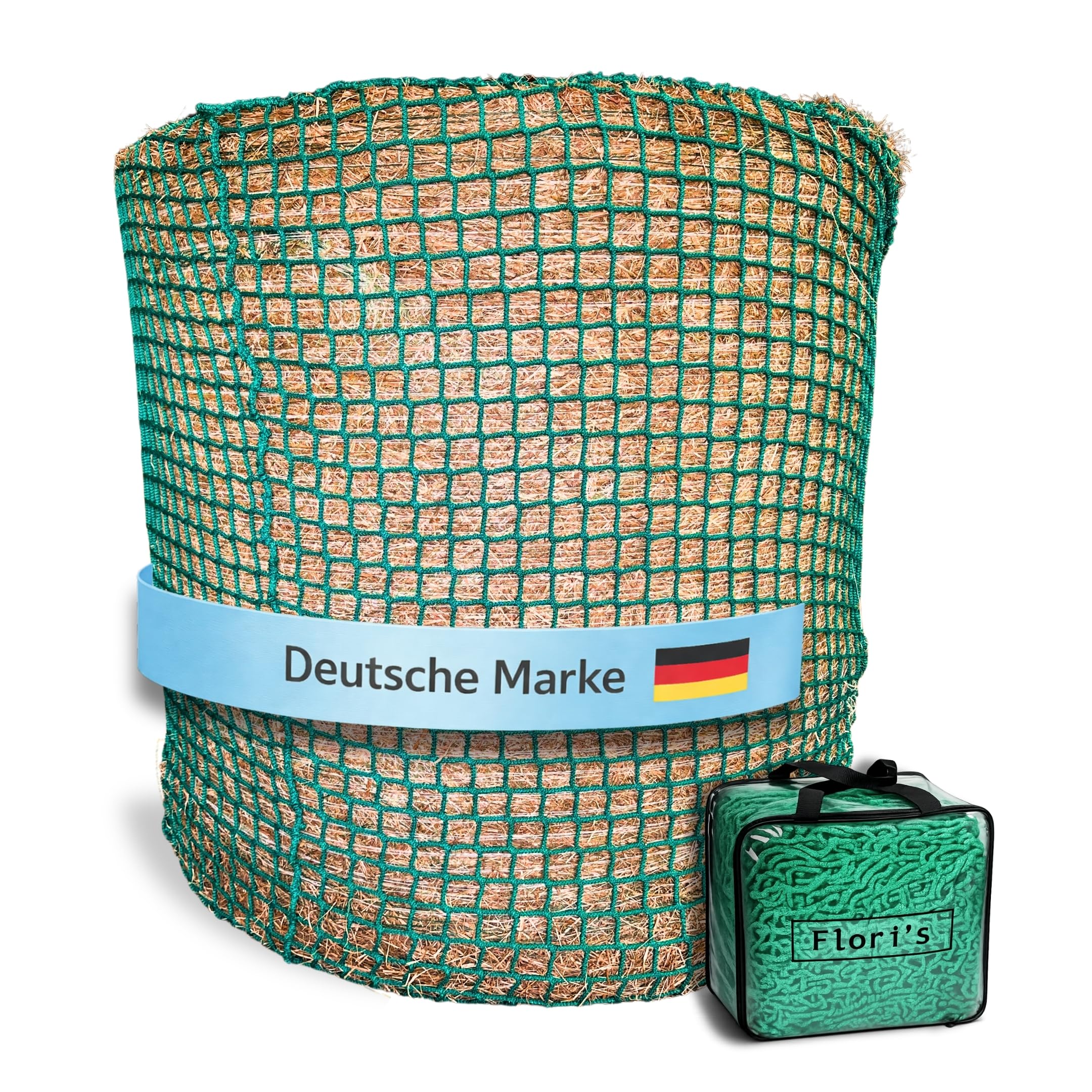 Flori's® Heunetz Rundballen – ø 150 cm, Höhe 150 cm – Maschenweite 4,5 x 4,5cm – Stabiles Heunetz für Pferde zur artgerechten Fütterung - Rundballennetz für Heuraufe geeignet, Heuballennetz engmaschig