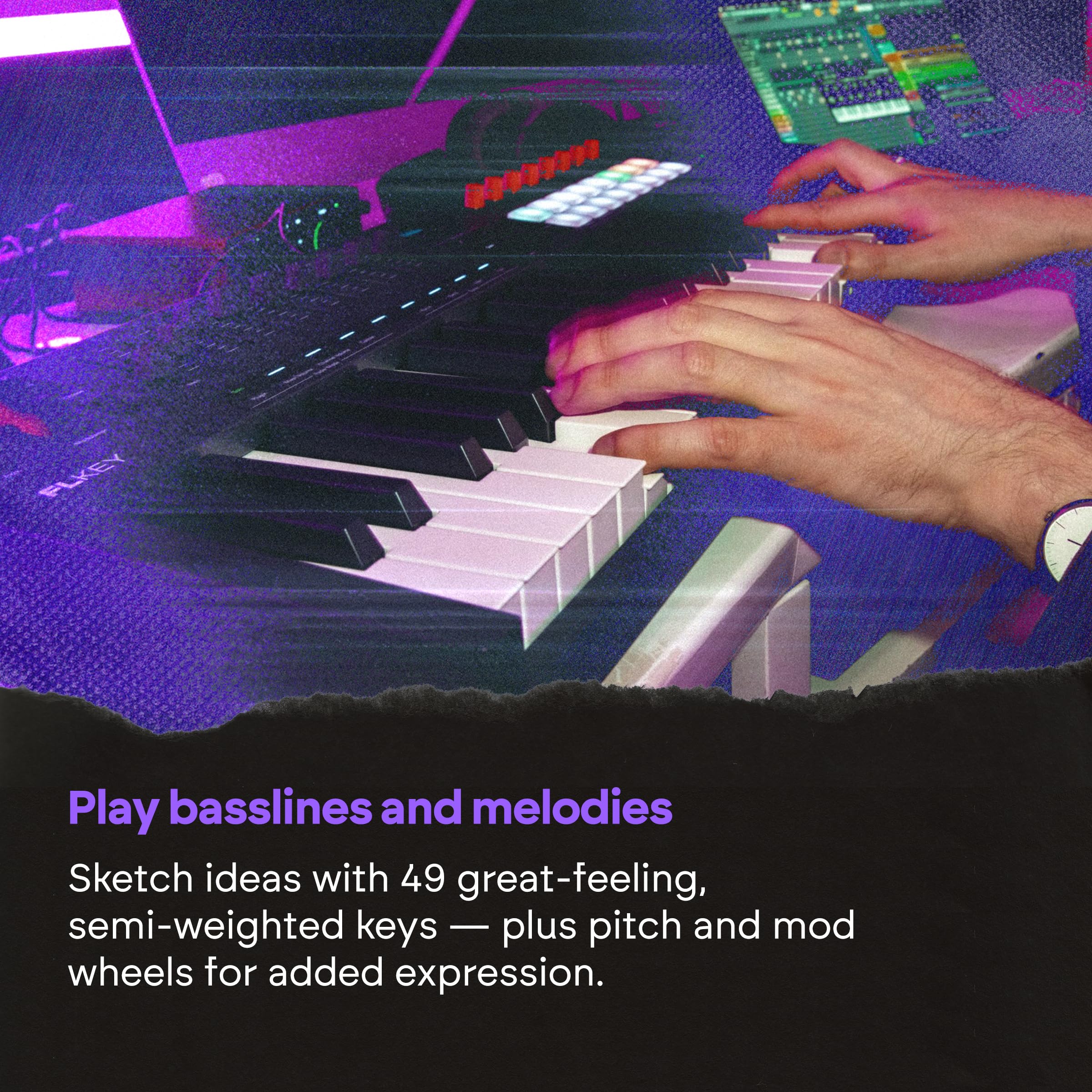 Novation FLkey 2 49 — clavier USB MIDI semi-lesté pour FL Studio. Créez des beats avec des molettes de pitchbend et de modulation, 16 pads rythmiques, un arpégiateur et 6 mois d’abonnement à FL Studio