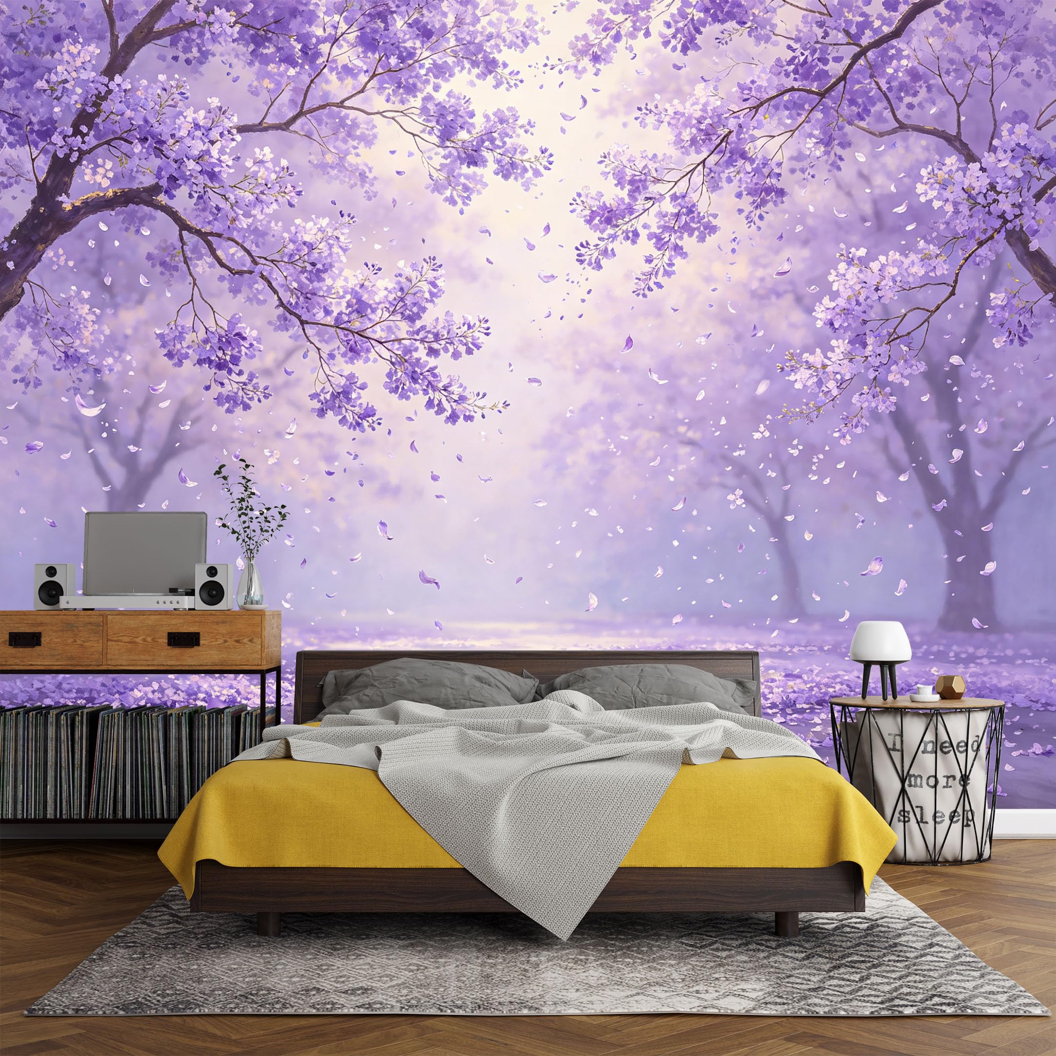 Custom Size Wall Mural， Botanical Purple Blossom Sakura Tree Watercolor Landscape， SelfAdhesive Art Prints wall Fabric (No PVC) Removable Wallpaper Living Room Decor