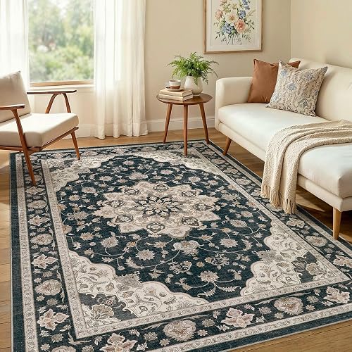 WITSHOCK 6x8 Washable Floral Boho Rug Dark Teal