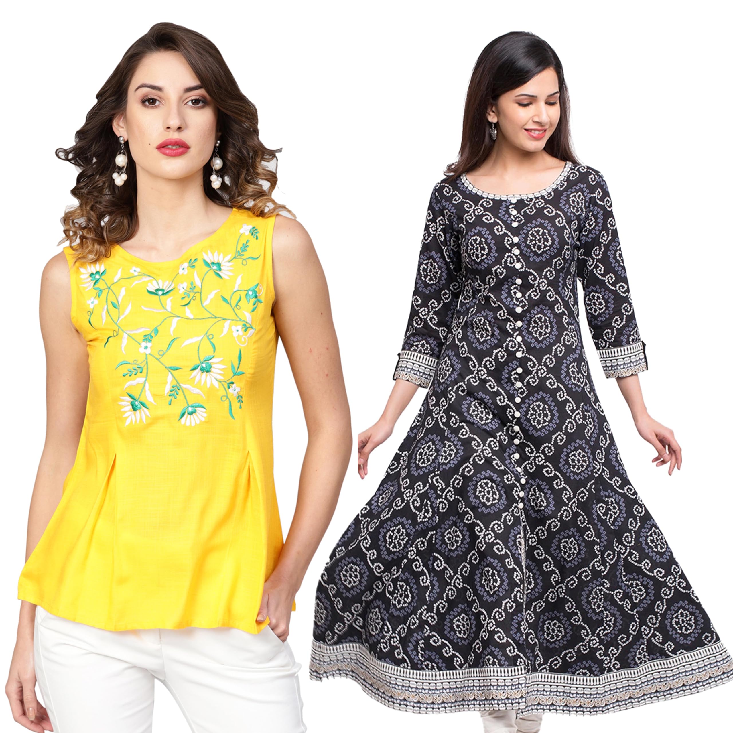 Yash GalleryWomen's Cotton Bandhej Print Anarkali Kurta and Embroidered Sleeveless Rayon Tops for Women (Small)