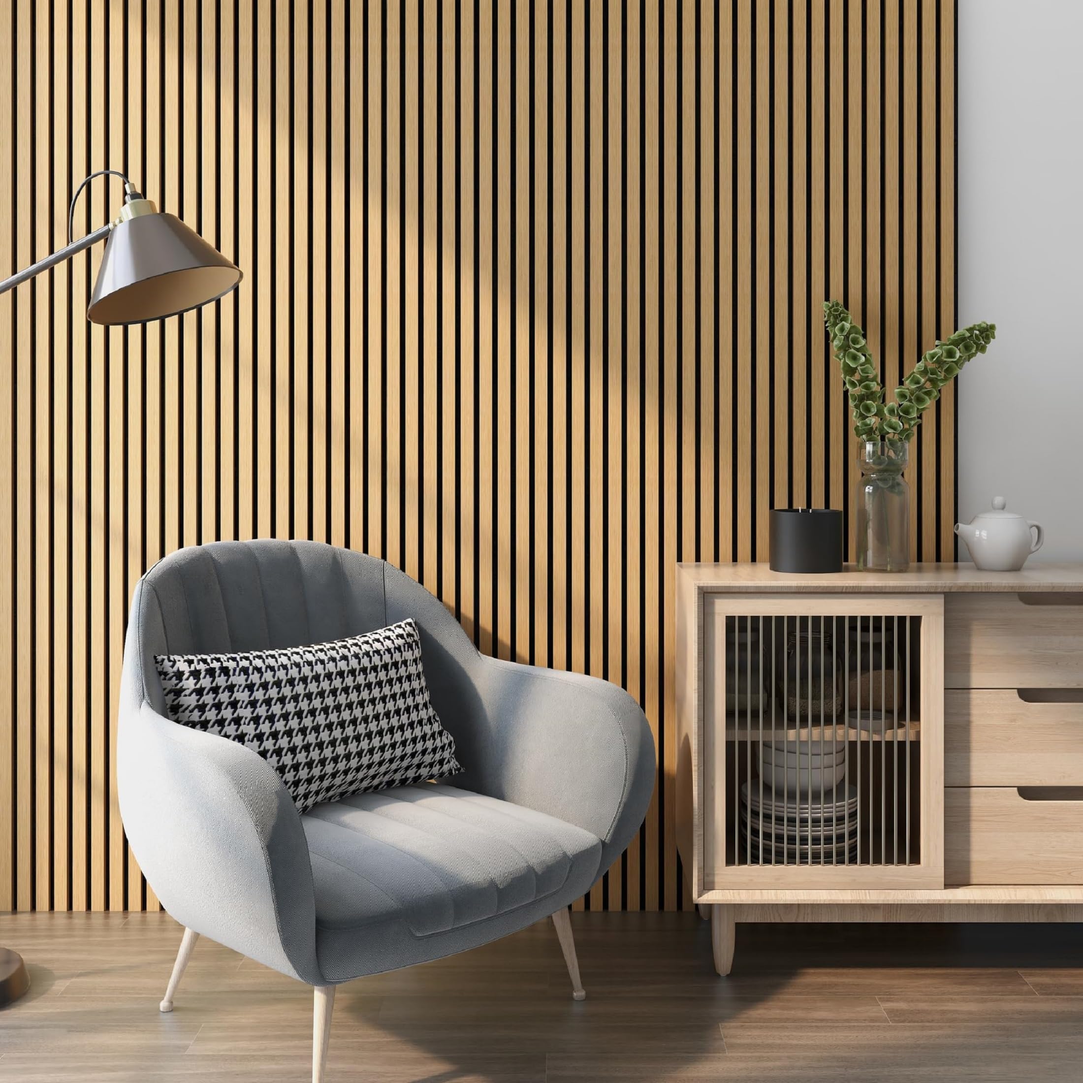 NEU.HOLZ Set de 12 Panneaux Acoustiques Muraux Isolation Sonore Lattes Décoratives Style Scandinave Installation Facile au Mur ou Plafond NRC 0,8 MDF 120 x 60 cm Effet Chêne Foncé