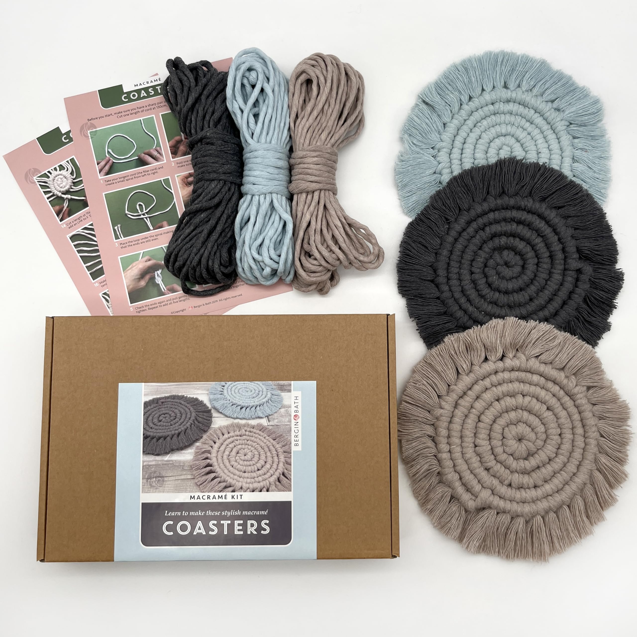 Bergin & Bath Macram Kit Coasters. Learn to Make Three placemats in Blue, Grey and Pearl. Art Craft Kit for Adults and Teens. Creative Gift idea.