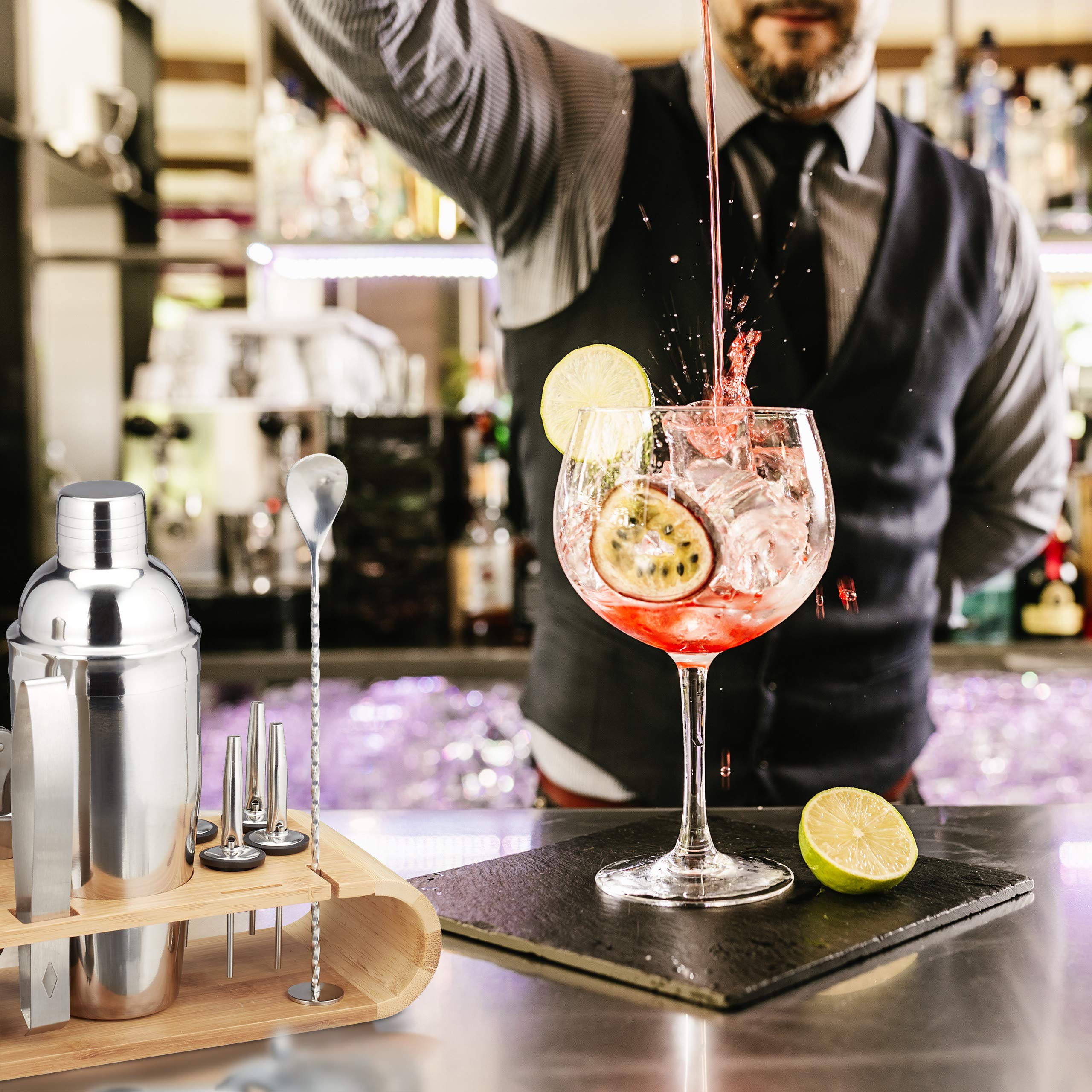 Relaxdays Set da Cocktail, 11 Accessori per Barman, Kit con Supporto, Shaker, Misurino, Pinza Ghiaccio, Argento Naturale