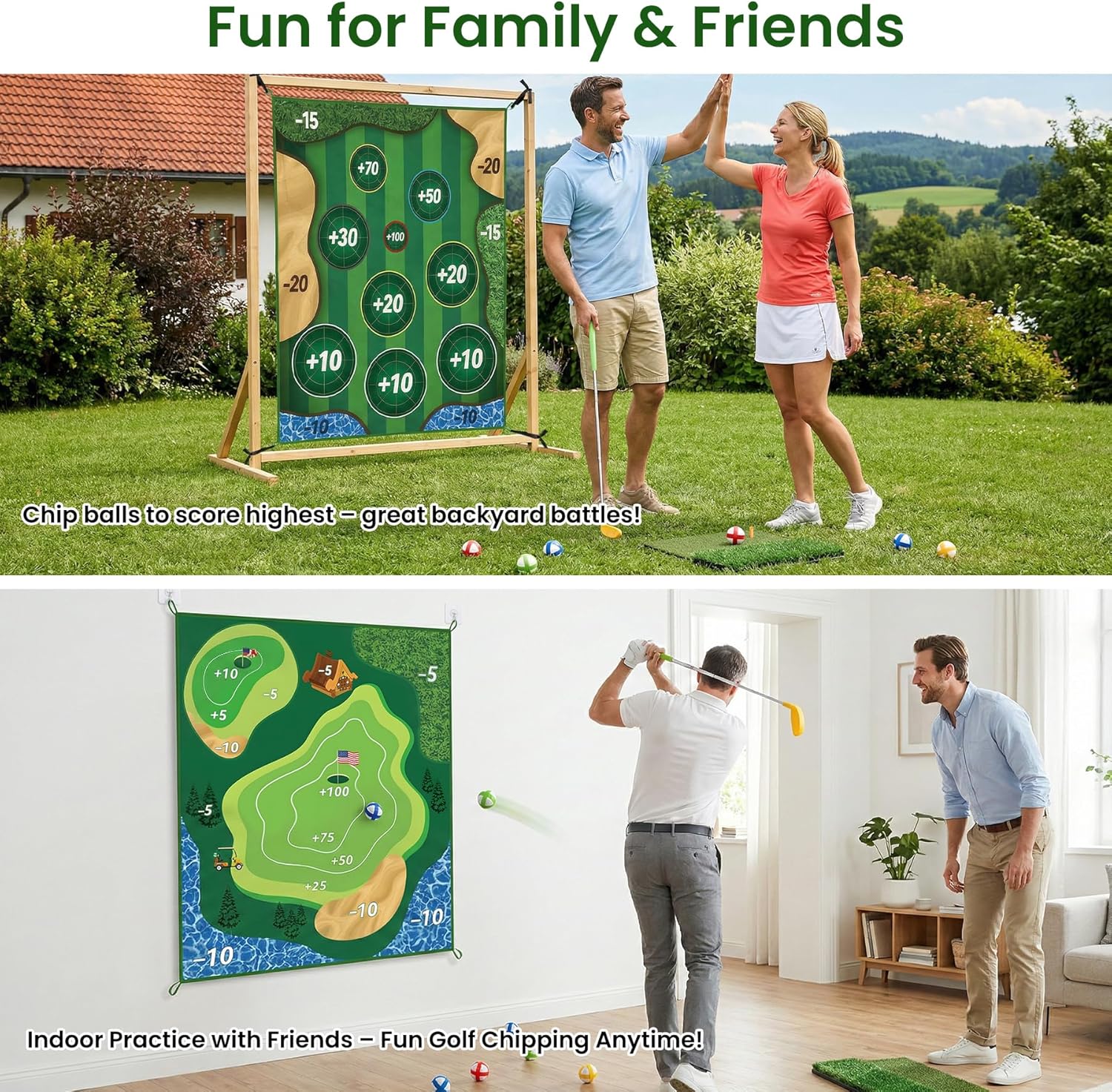Golf Chipping Game Mat Double Sided, 6x5 FT Golf Practice Mat with Sticky Golf Balls, Indoor Outdoor Golf Hitting Mat for Adults Backyard Garage Family Game