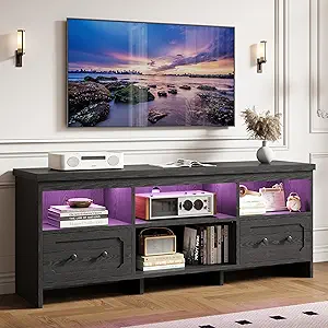 IRONCK TV Stand for 65 Inch TV, 63" LED Entertainment Center with Storage Cabinets, Power Outlets and Open Shelf, Media Console TV Cabinet with Drawers for Living Room, Black