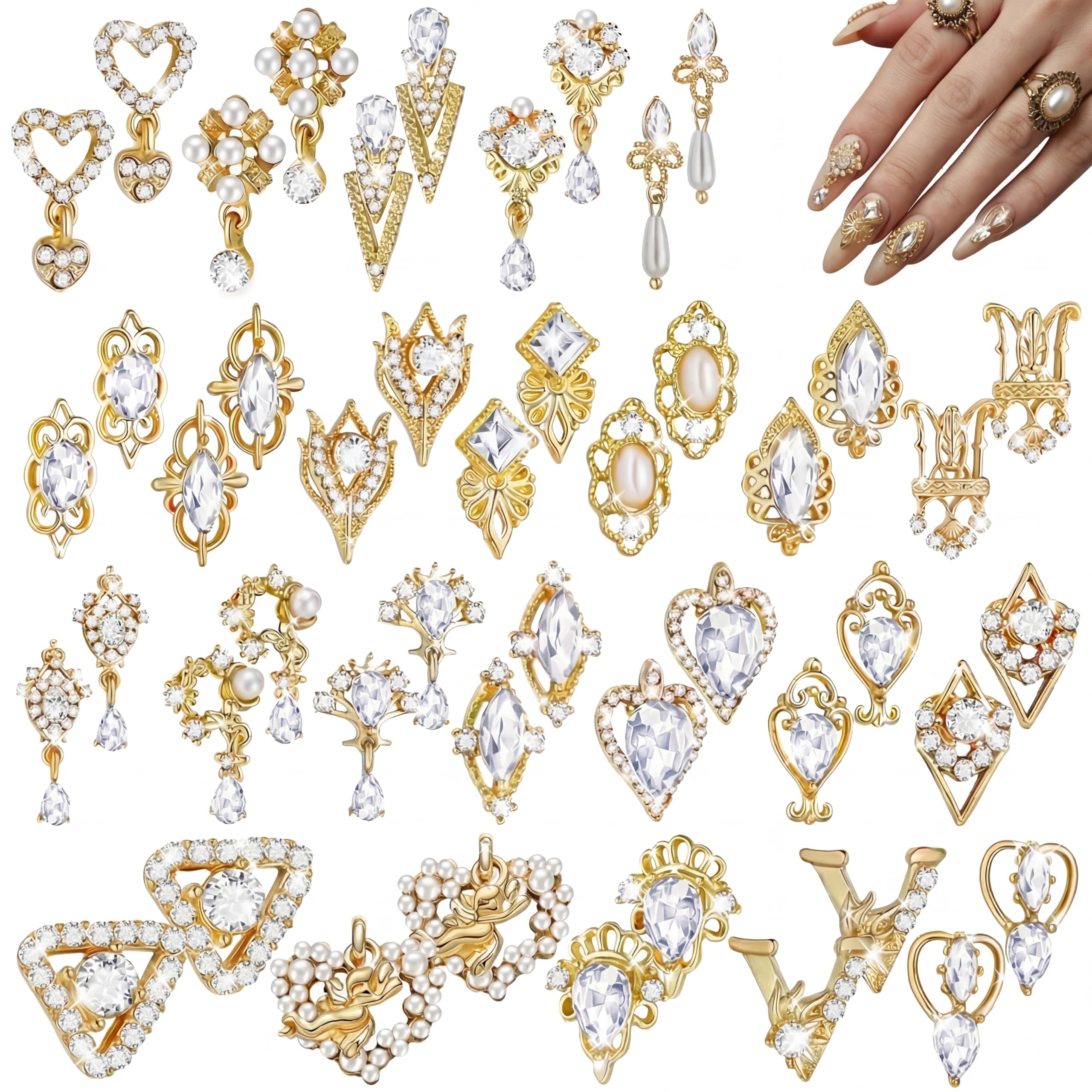 Maitys 52 Pcs Gold Nail Charms Gems Rhinestone Luxury 3D Sparkling Crystal Pendant Bulk for Women Y2k Kawaii Acrylic Nail Tips Accessories DIY Craft Jewelry Making Junk Case Decoration
