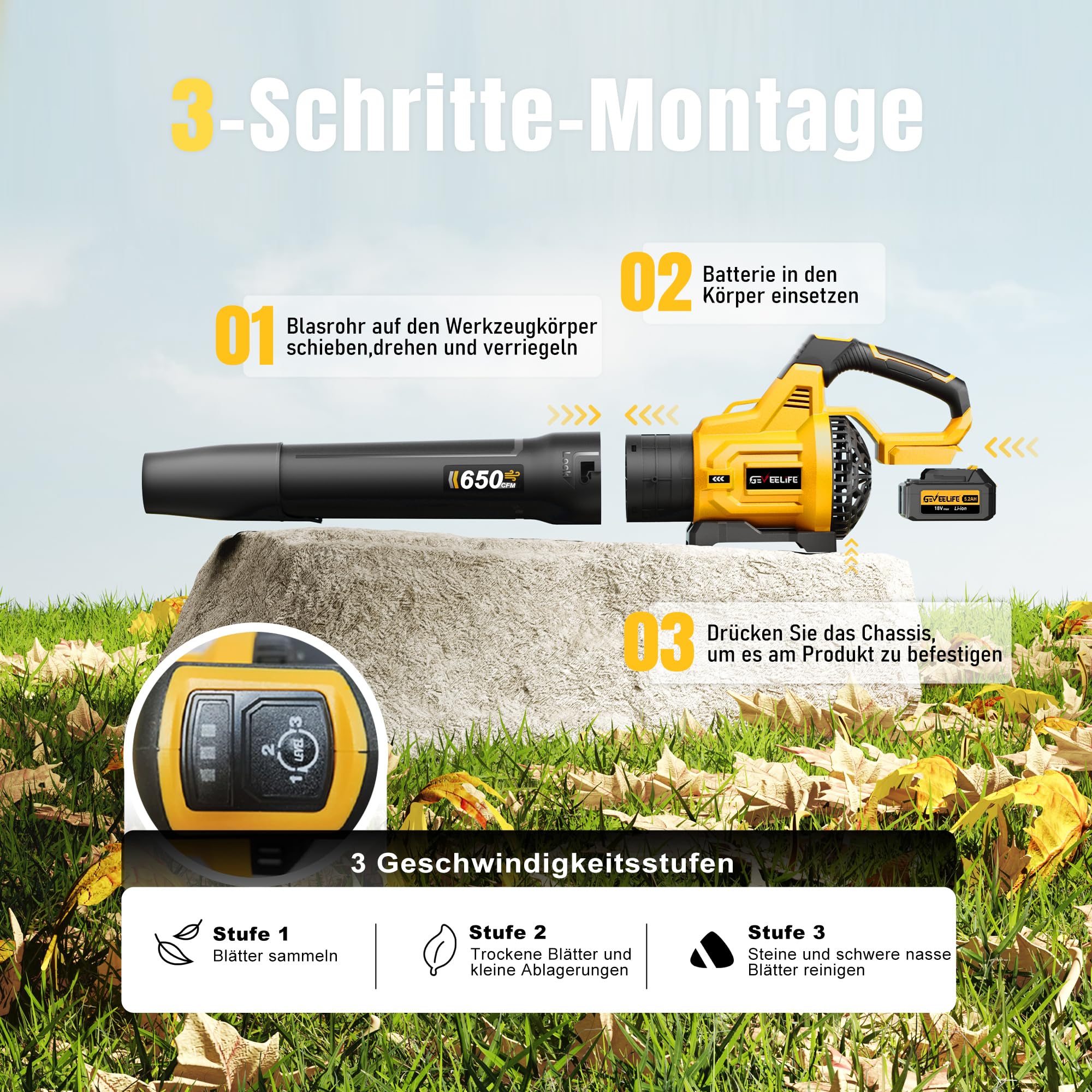 GEVEELIFE Soplador de Hojas eléctrico, 20 V, 257 km/h, con 3 velocidades y 2 baterías de 5,0 Ah, para jardín, Hojas, Polvo y Nieve (Incluye batería), Color Amarillo
