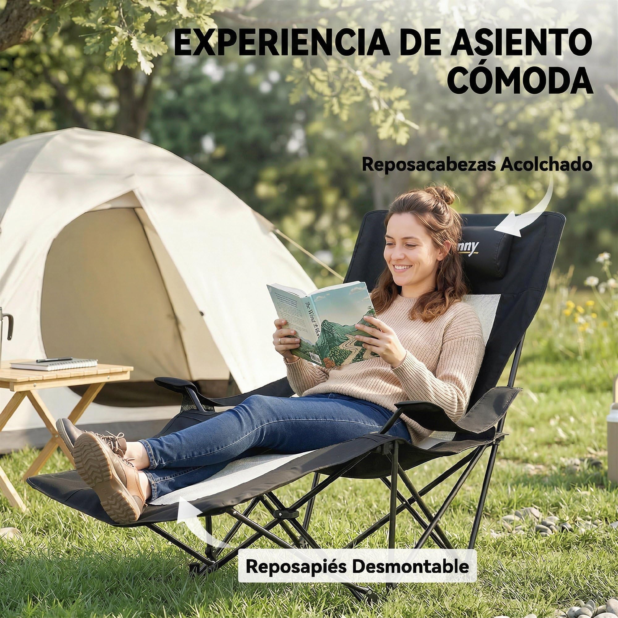 Outsunny Conjunto de 2 Sillas Plegables Camping Tumbonas Camping Portátiles con Respaldo Ajustable 4 Niveles Reposapiés Desmontable Reposacabezas Portavasos Bolsillo Lateral Bolsa Carga 120 kg Negro