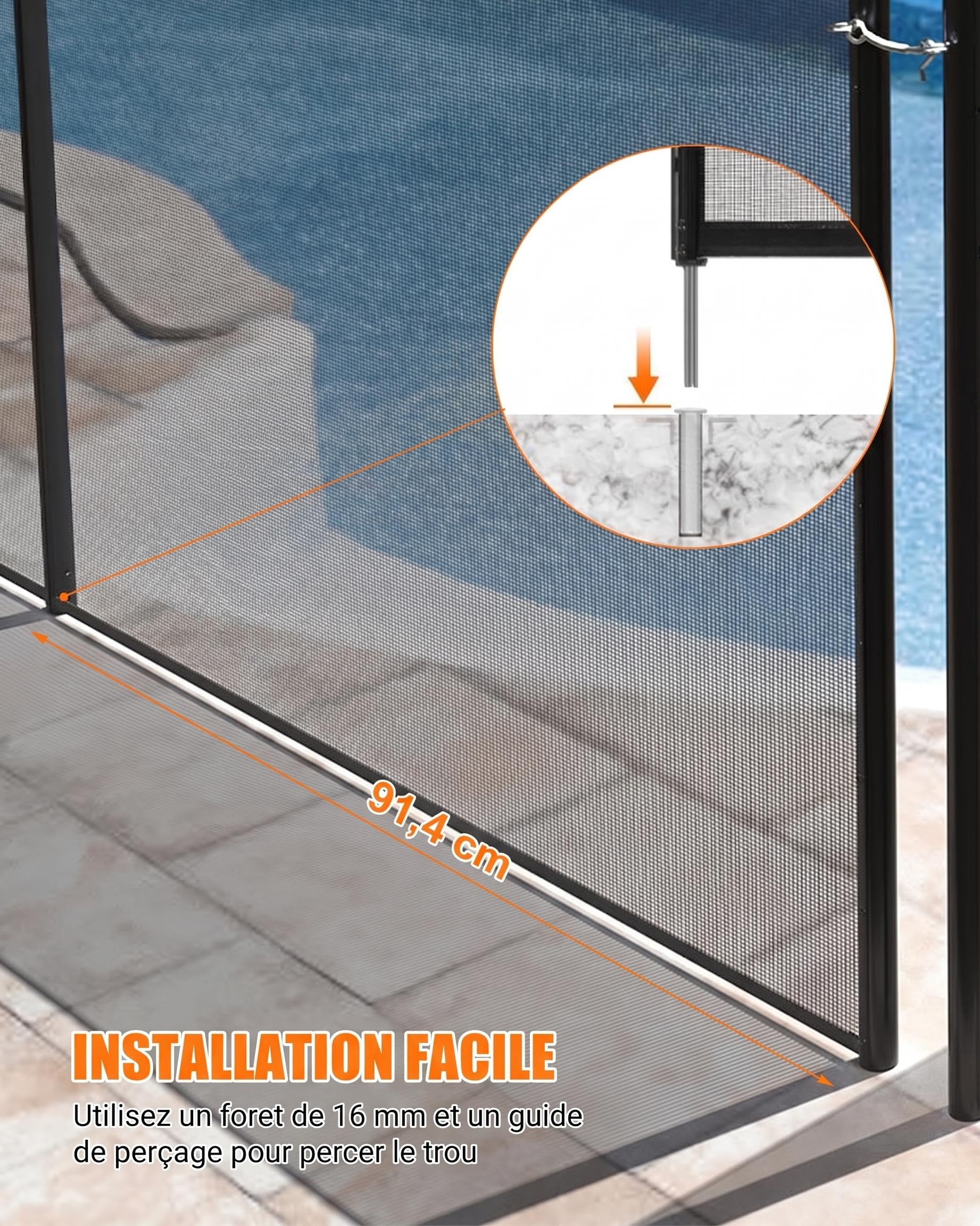 Garvee Barrière de sécurité piscine extérieure – Maille PVC résistante – Installation sans perçage – Protège enfants & animaux – Amovible – Pour piscines enterrées/hors-sol – Pieds antidérapants