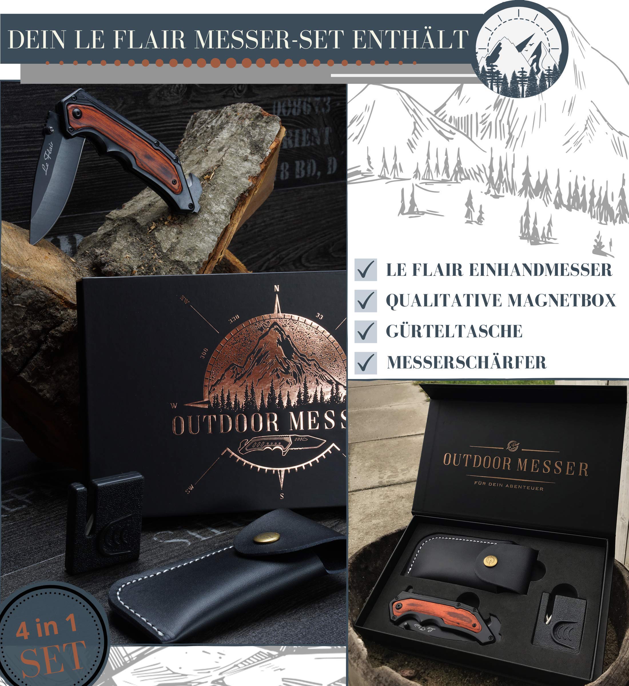 Le Flair® Outdoor Messer - Einhandmesser Taschenmesser mit 8,5cm Edelstahl Titanklinge - Survivalmesser mit Korrosionsschutz - Bushcraft Messer inkl. Messerschärfer und Magnetbox - Klappmesser