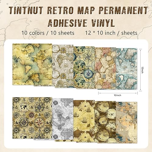 Miniatura 2 de Tintnut Retro Map Pattern Permanent Vinyl-10 Sheets 12"x10" Retro Style Permanent Adhesive Vinyl for Cutting Machine,Waterproof Sheets for Home
