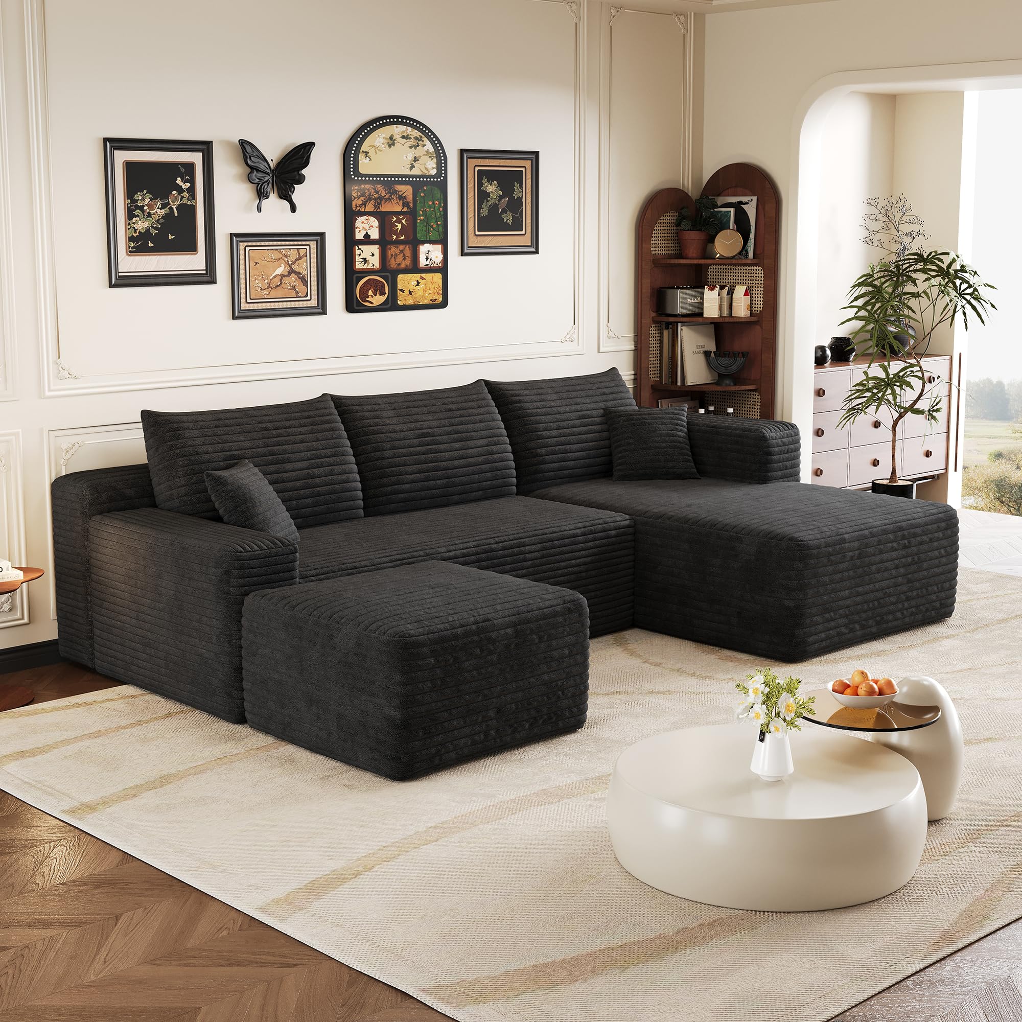 Boneless - Sofá esquinero modular con taburete, sofá de esquina en forma de U sin montaje, sofá tapizado de pana combinable, negro de 3 plazas+1, negro (Black-Right-U, 4)