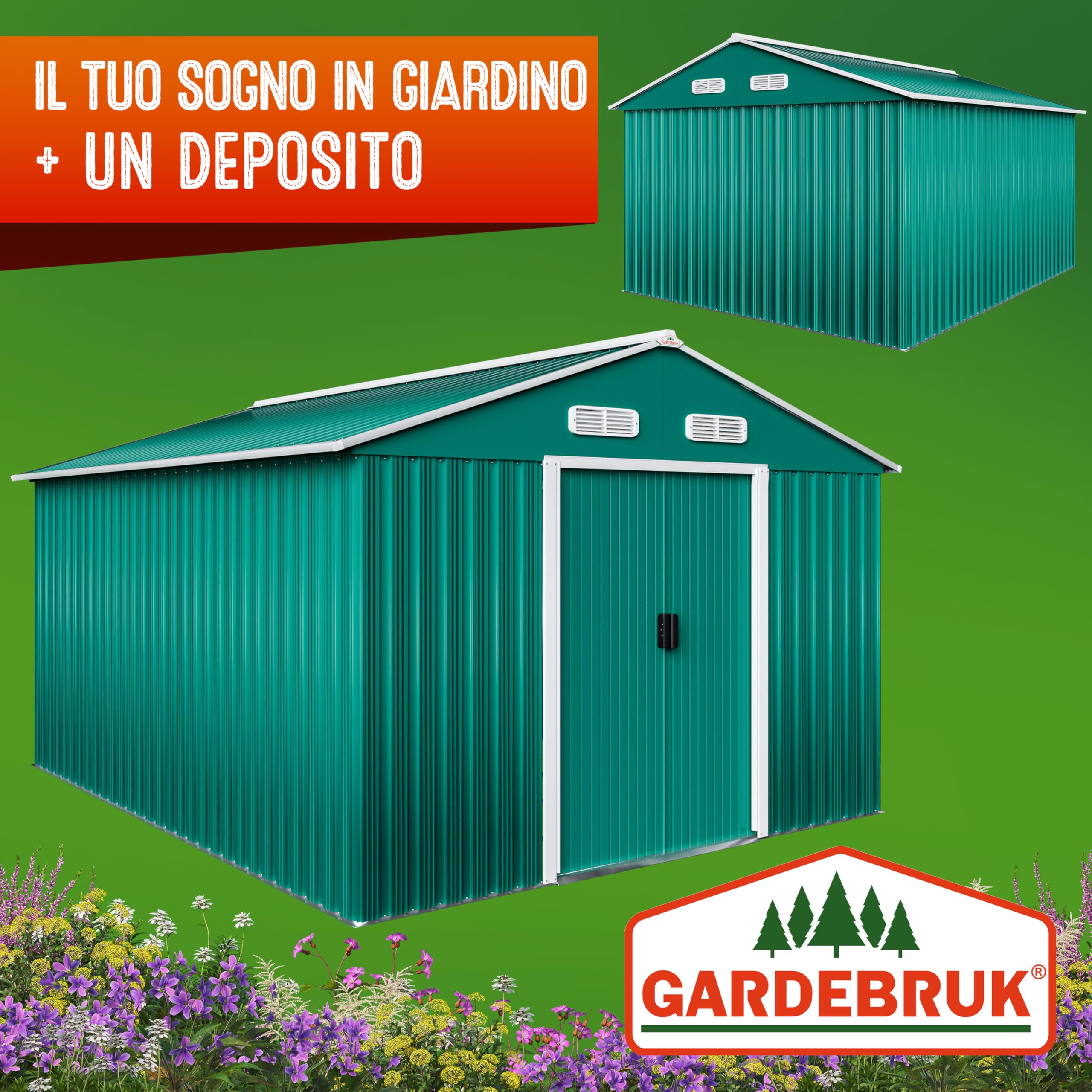 GARDEBRUK® Casetta per Attrezzi da Giardino XXXL in Metallo 8m² con Base 312x257x178cm Porta Scorrevole Capanno Verde con Tetto Prese d´Aria Capannone Rimessa da Esterno 15m³