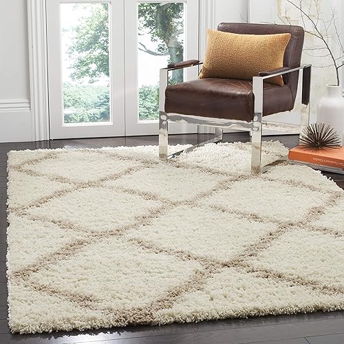 SAFAVIEH Dallas Shag Collection SGD257B Trellis Non-Shedding Living Room Bedroom Dining Room Entryway Plush 1.5-inch Thick Area Rug, 3' x 5', Ivory / Beige